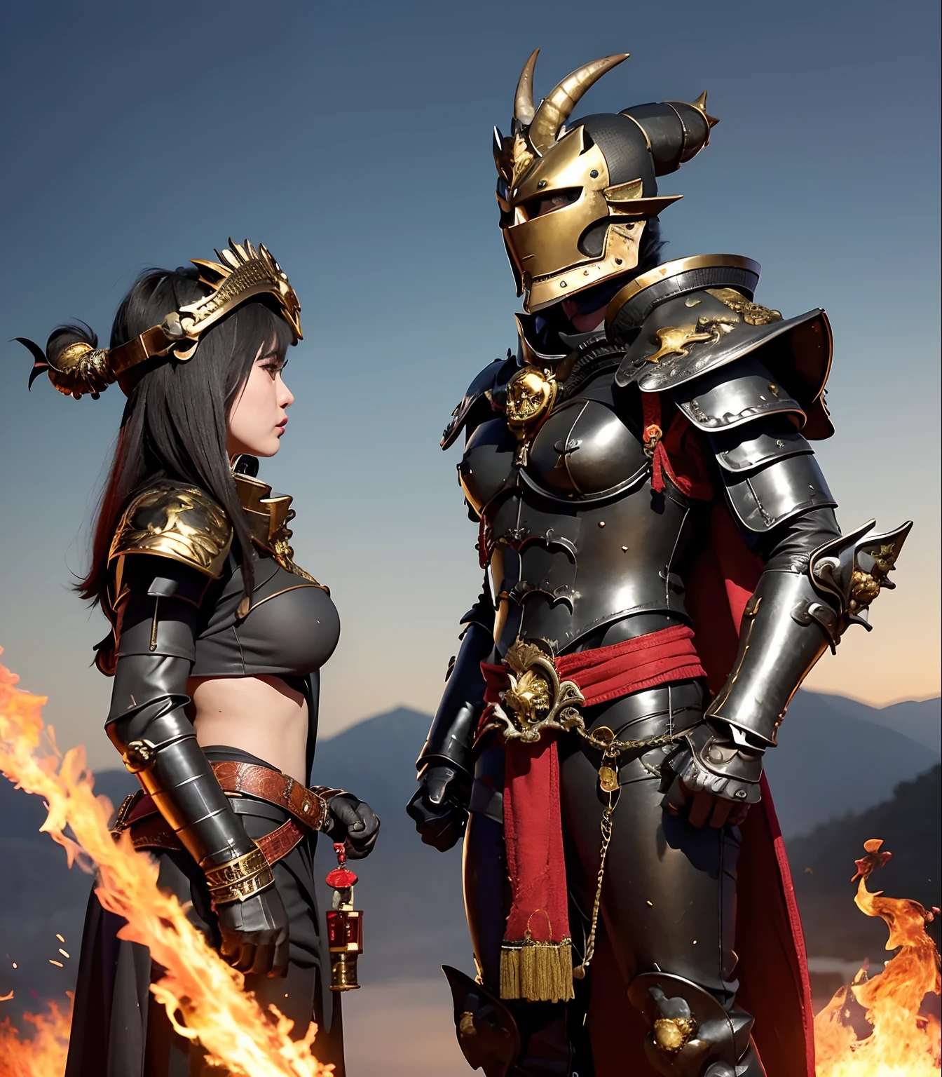 Professional , ​masterpiece、top-quality、photos realistic , depth of fields （Dragon Black Metal Body:1.９),(Matte Black、（cleavage of the breast）、（Fight dragons）、（Seductive look）、Dragon Gold Weapon、（bikini-armor),Gorgeous gold weapons ,（（ Dragon's dense and gorgeous sword）） , Beautiful knife   ,warhammer 40k , adepta sororitas,Detail and gorgeous crown、（（Red hair））、（Castle background）、The dragon、（（Gangle's forest background））、Beautiful Caucasian beauty、（１a person）、dynamic ungle,(((Detailed and ornate dragon helmet)))、Smaller head、Strange smile、Castle background、Thin and beautiful female hands、cleavage of the breast、Soldier in iron armor on background、Mystical expression、Light Effects、intense fighting、Wind-effect、magic circles、With the legendary magic wand、（demonic wings）、