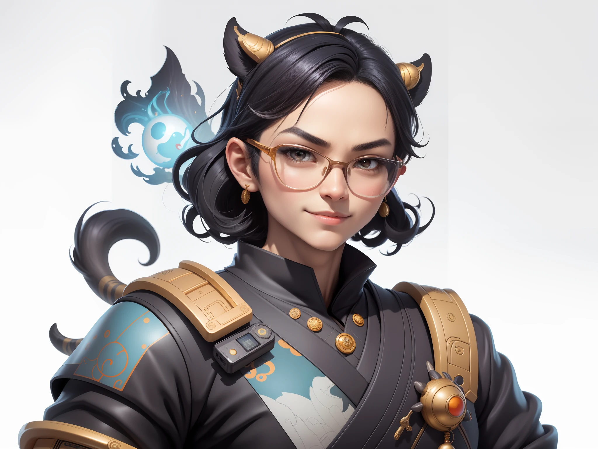 (Masterpiece), (Excellent), (Super Meticulous), (Full Body: 1.2), Super Young Man with Japanese Female Geisha, Pretty, Beautiful, Chinese Dragon, Tiger, Wind God Thor, Sexy, Bursting, Oriental Face, TV Anchor, Bust Portrait Illustration, Black Suit, Blue Tie, Slightly Chubby Face, Silver Glasses, Very Clean Face, No Beard on Chin, Black Super Short Hair, Black Eyes, Confident Smile, 3c Computer Sub-Products, iPad, iPhone, Digital Painting, 3D character design by Mark Clairedon and Pixar and Hayao Miyazaki and Akira Toriyama, the illustrations are HD illustrations in 4K resolution with highly detailed facial features and cartoon-style visuals.