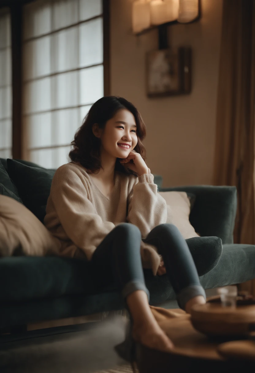 1girl in,Sitting on a cozy sofa,cross one's legs,Soft light,Women in Japan,18yo,kindly smile,