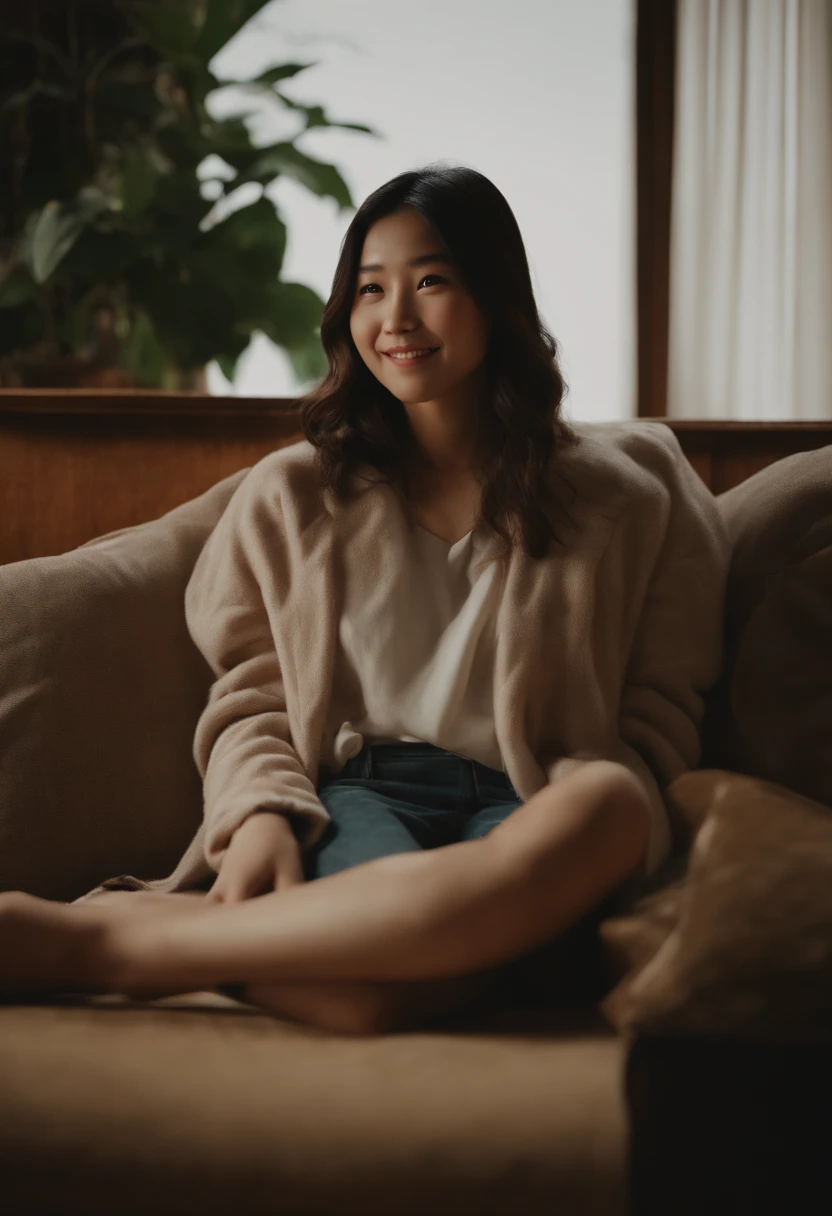 1girl in,Sitting on a cozy sofa,cross one's legs,Soft light,Women in Japan,18yo,kindly smile,