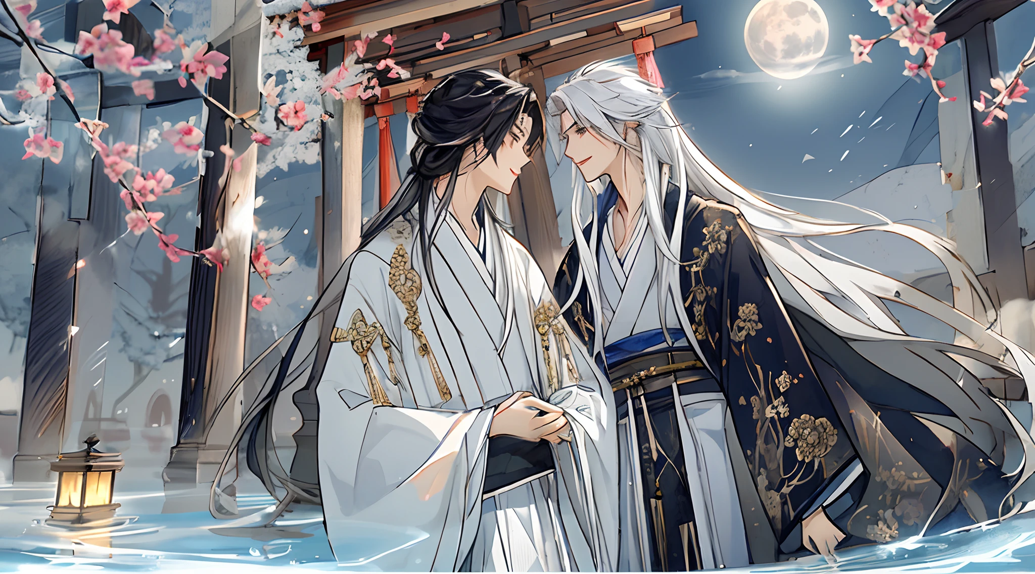 The male，Male，shoun，Libido boy，White Hanfu，long  white hair，Long flowing hair，Wide robe with large sleeves，年轻，Young，Ancient wind，Solid color clothes，The clothes do not have any patterns，adolable，laughingly，flood，softlighting，Flat painting style，aquarelle，water ink，Behind it is the full moon，low-saturation，low-contrast，big laughter，Pleasure