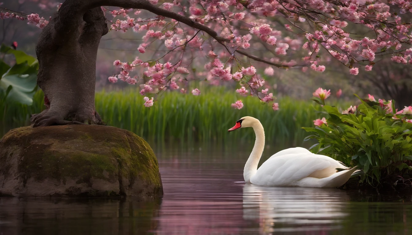 Lotus Flower, boiando em um lago tranquilo, sakura tree in background, casal de cisnes, Paisagem Japonesa, Centralizado, cores relaxantes,