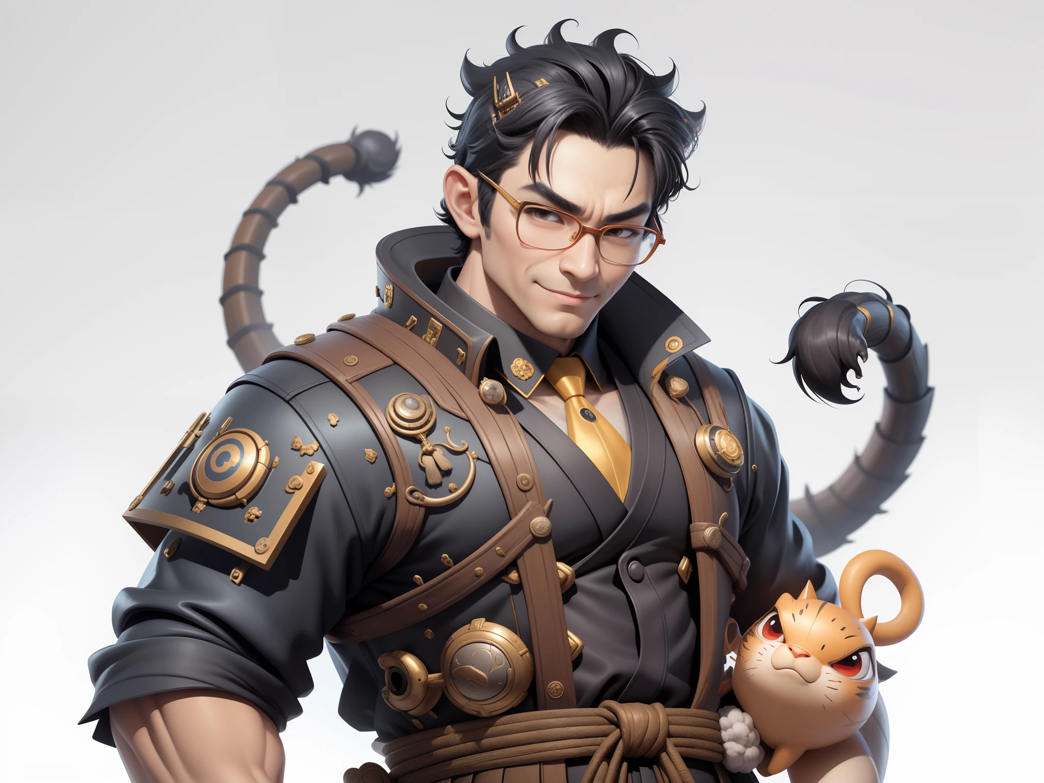 (Masterpiece), (Excellent), (Super Meticulous), (Full Body: 1.2), Super Young Man with Japanese Female Geisha, Pretty, Beautiful, Chinese Dragon, Tiger, Wind God Thor, Sexy, Bursting, Oriental Face, TV Anchor, Bust Portrait Illustration, Black Suit, Blue Tie, Slightly Chubby Face, Silver Glasses, Very Clean Face, No Beard on Chin, Black Super Short Hair, Black Eyes, Confident Smile, 3c Computer Sub-Products, iPad, iPhone, Digital Painting, 3D character design by Mark Clairedon and Pixar and Hayao Miyazaki and Akira Toriyama, the illustrations are HD illustrations in 4K resolution with highly detailed facial features and cartoon-style visuals.