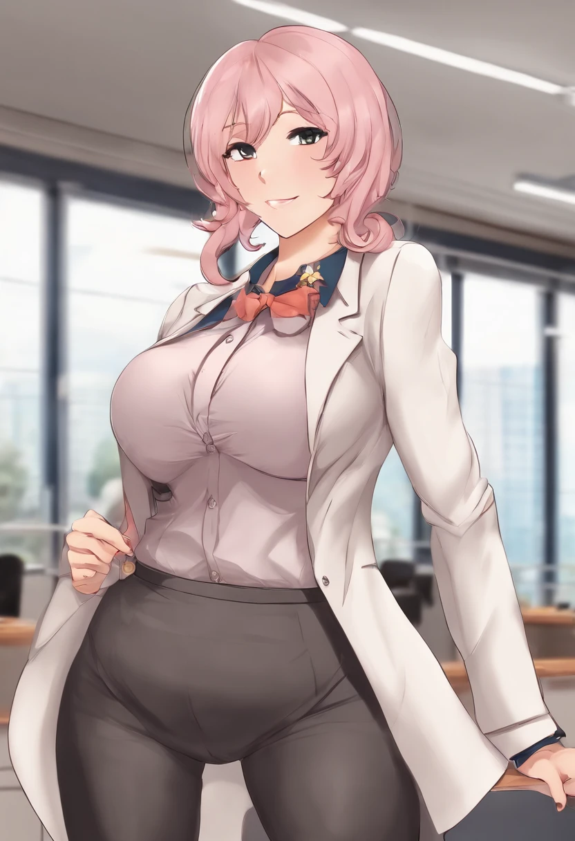 ((tmasterpiece,Need)),(1girl),((A )),Light pink hair,big-areon,((office lady)),By bangs,middlebreast,(plumw),ahegao,[Wide hips],office,standing, aru \(blue archive\),adolable，(moaning), doggystyle