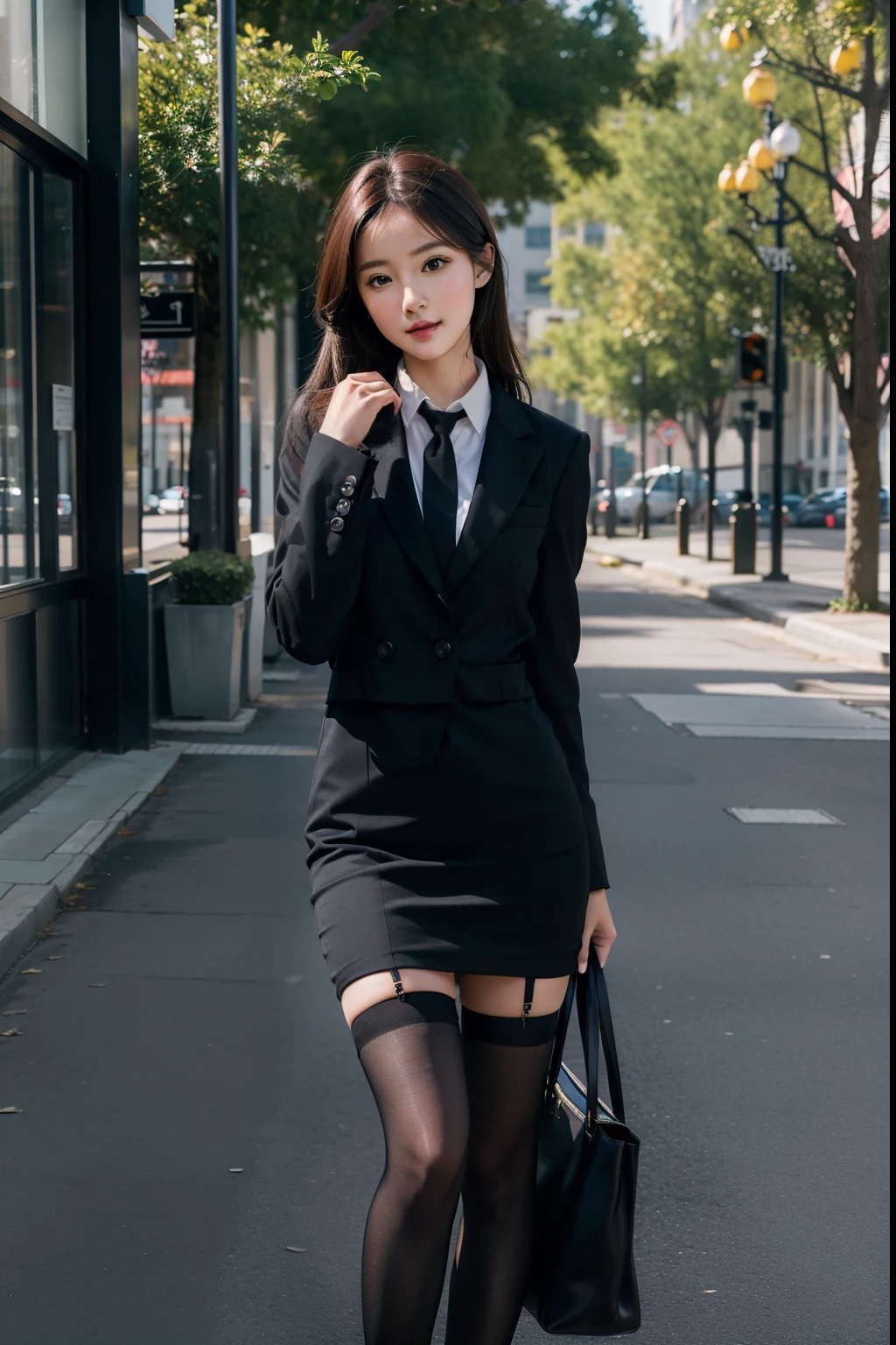8k, Best Quality, (Beauty), High Definition, Realistic, Real Person, Full Body Portrait, Delicate Face, Cute Face, 25 Year Old Woman, Slim Figure, Small Bust, Office Uniform, Office Clothes, Black Stockings, Outdoor Scene, Sedentary