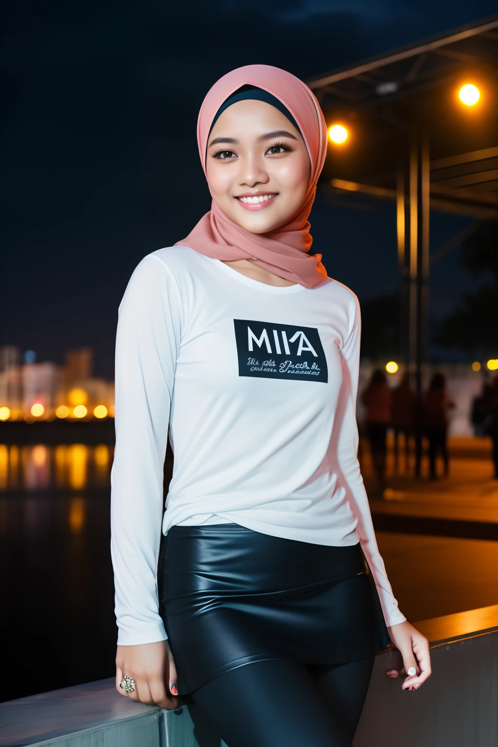 Portrait photography of a beautiful young malay girl ( mira filzah:1.0) in hijab wearing tight long sleeve tshirt and short skirt with leggings watching a concert, nighttime, concert background, bright lighting, smile and happy gesture