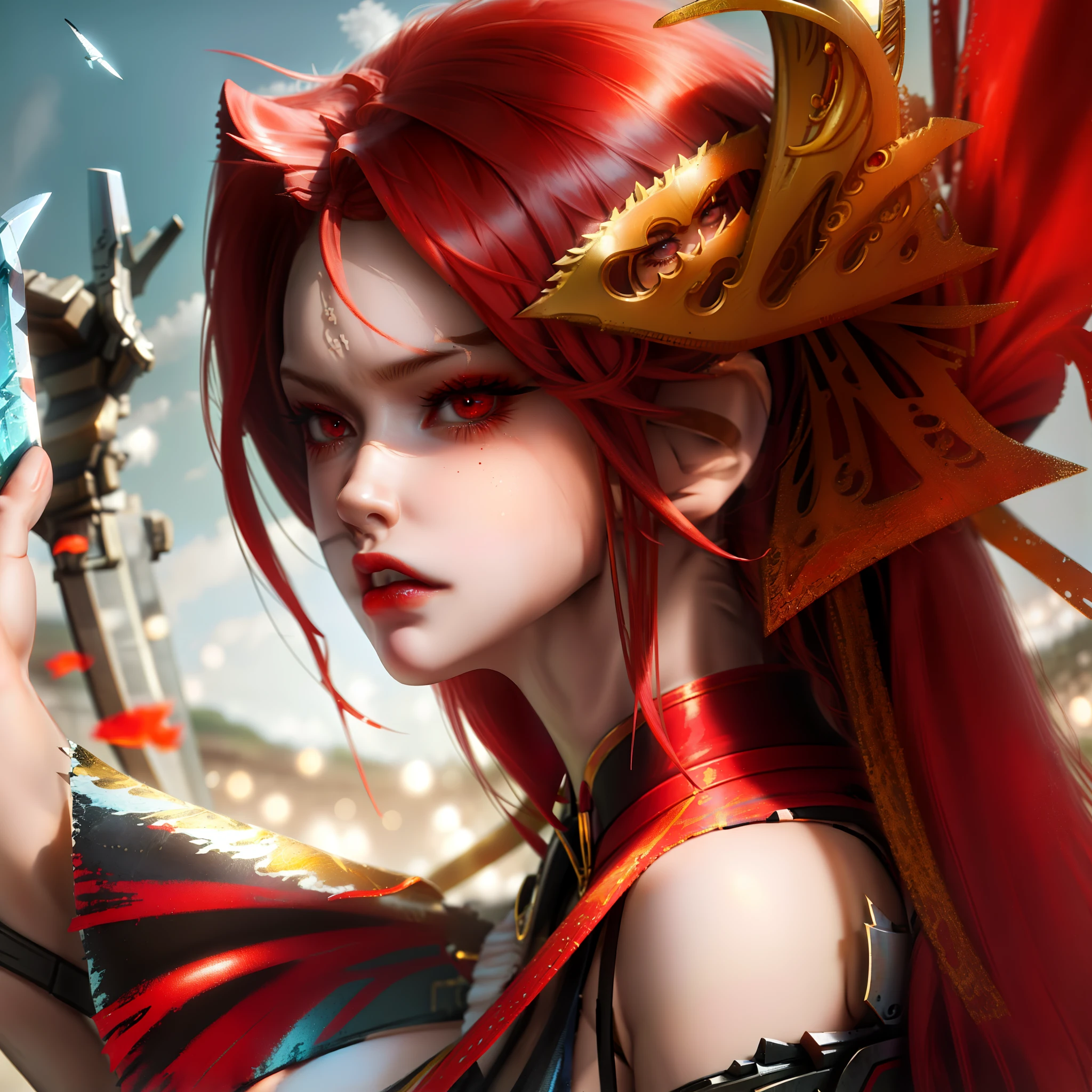 beautiful, masterpiece, best quality, extremely detailed face, perfect body, 25 years, perfect lighting, 1girl,solo,matoi ryuuko b, senketsu, suspender skirt, red hair, (angry:1.1), top of a cliff, distopian, red gloves, holding detailed scissors blade, big breasts, side view from behind, (big ass), ((skirt)), dynamic pose
