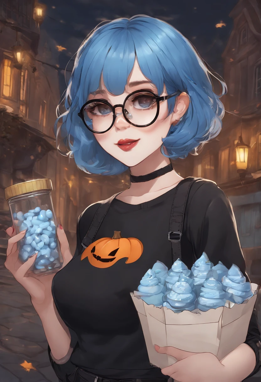 Anime girl with short neck-length blue hair, round glasses, huge breasts, black shirt and ripped jeans. holding a package of Halloween sweets with sperm inside and with cum-stained glasses.