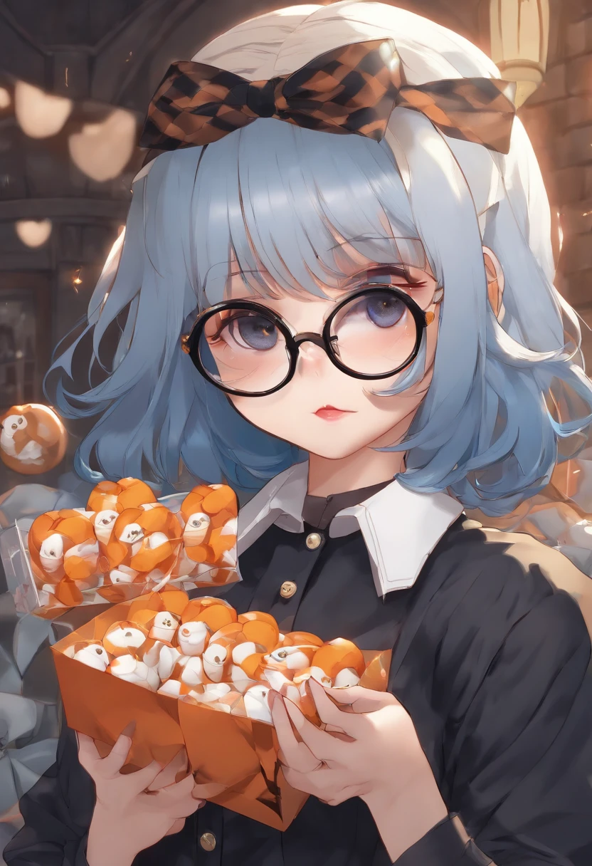 Anime girl with short neck-length blue hair, round glasses, huge breasts, black shirt and ripped jeans. holding a package of Halloween sweets with sperm inside and with cum-stained glasses.