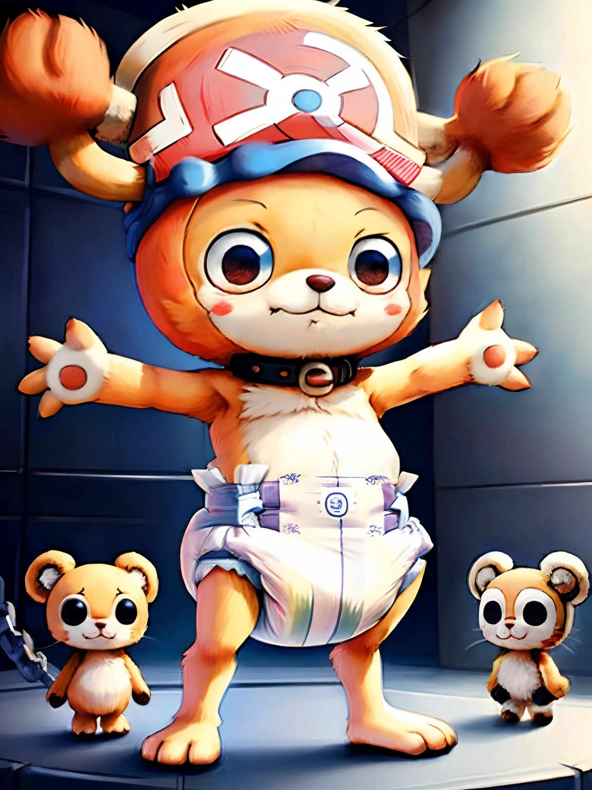 by Personalami, solo kid (Tony Tony Chopper (One piece)), (detailed Tony Tony Chopper), adorable, cute, big pupils, wearing diaper, ((only diaper)), dilated catlike eyes , shirtless, standing, stretched raised arms , chained ankles together , looking at the observer with ashamed face, scared ,small hoves on feet, small hoves on hands, padded wrist cuffs,padded ankle cuffs, padded collar, scared , on futuristic laboratory, japanese mascot, chibi proportions, chibi anatomy, fluffy body, no shorts, tyny legs, tiny arms, thin legs, short legs, slim legs, thin arms, no paws, tiny hooves , chubby, small body
 INFO