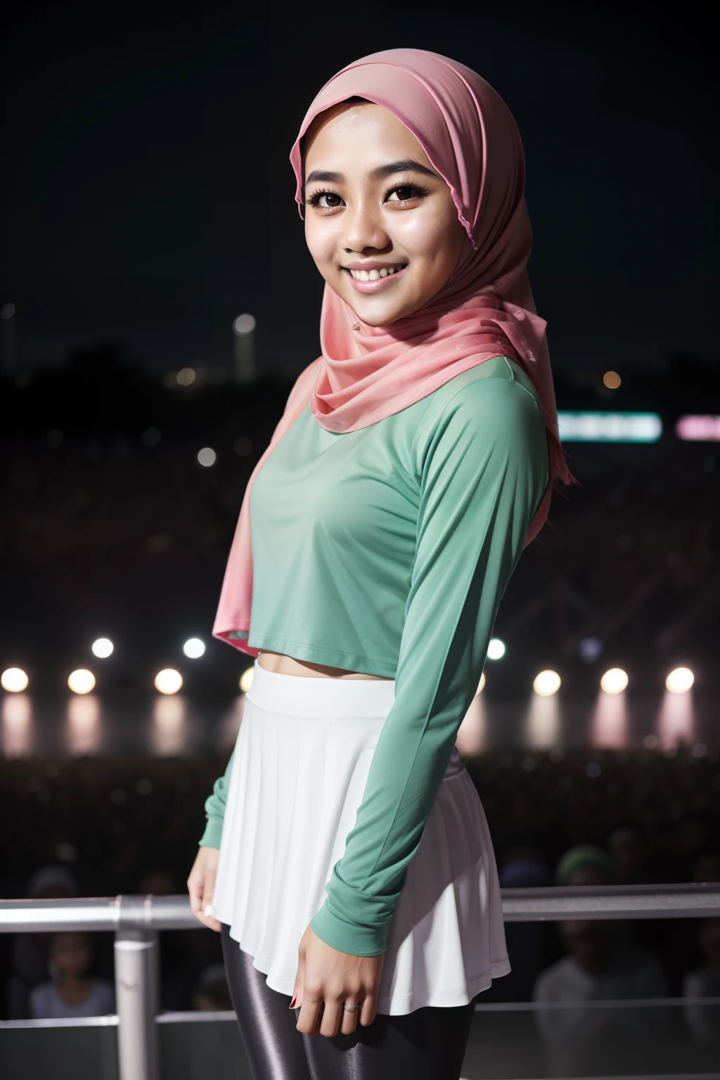 Portrait photography of a beautiful young malay girl ( mira filzah:1.0) in hijab wearing tight long sleeve tshirt and short skirt with leggings watching a concert, nighttime, concert background, bright lighting, smile and happy gesture