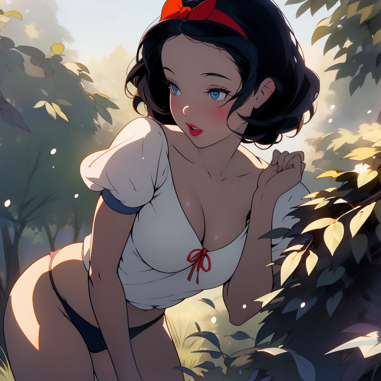 (masterpiece, best quality), beautiful girl, 
snow white, lying, (detailed beautiful eyes) medium body shot, short black hair, red ribbon, big breasts, cleveage, white panties, ultra detailed blue eyes,