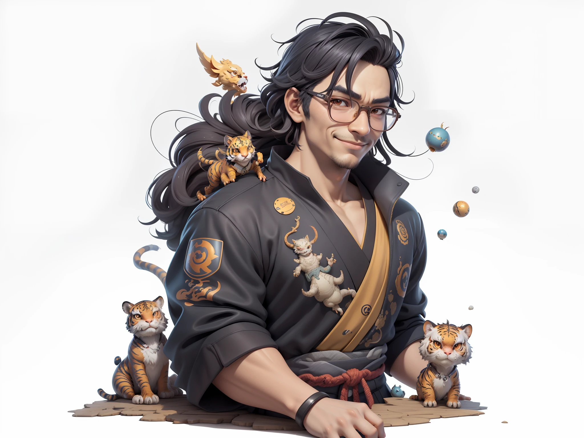 (Masterpiece), (Excellent), (Super Meticulous), (Full Body: 1.2), Super Young Man with Japanese Female Geisha, Pretty, Beautiful, Chinese Dragon, Tiger, Wind God Thor, Sexy, Bursting, Oriental Face, TV Anchor, Bust Portrait Illustration, Black Suit, Blue Tie, Slightly Chubby Face, Silver Glasses, Very Clean Face, No Beard on Chin, Black Super Short Hair, Black Eyes, Confident Smile, 3c Computer Sub-Products, iPad, iPhone, Digital Painting, 3D character design by Mark Clairedon and Pixar and Hayao Miyazaki and Akira Toriyama, the illustrations are HD illustrations in 4K resolution with highly detailed facial features and cartoon-style visuals.