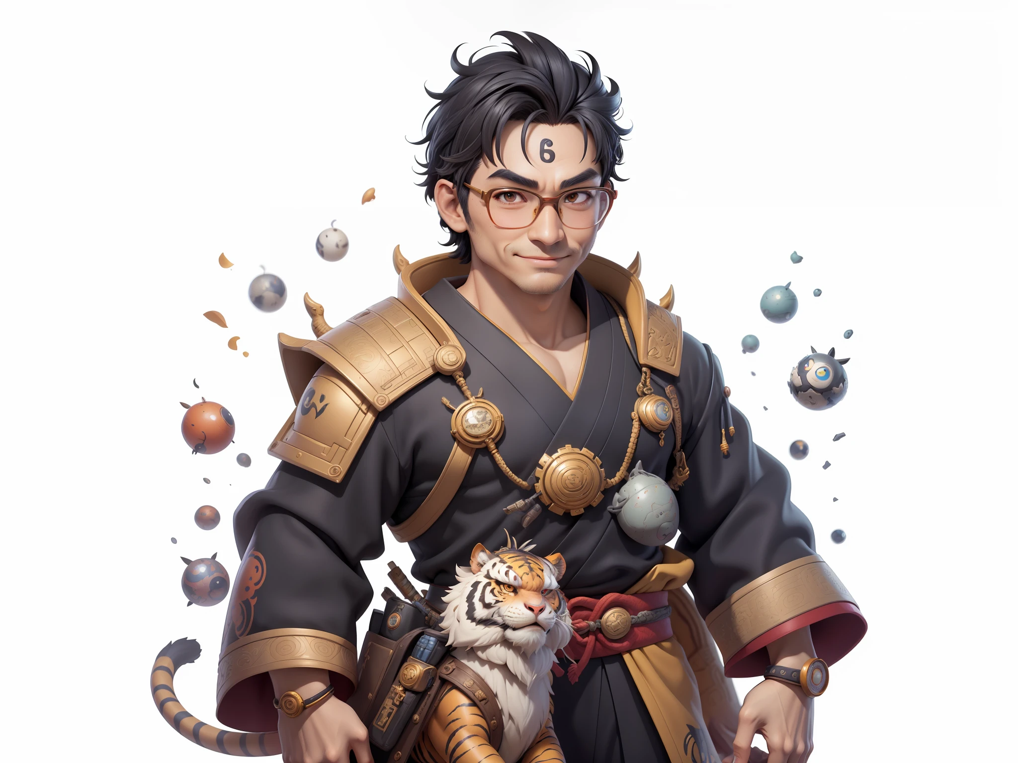 (Masterpiece), (Excellent), (Super Meticulous), (Full Body: 1.2), Super Young Man with Japanese Female Geisha, Pretty, Beautiful, Chinese Dragon, Tiger, Wind God Thor, Sexy, Bursting, Oriental Face, TV Anchor, Bust Portrait Illustration, Black Suit, Blue Tie, Slightly Chubby Face, Silver Glasses, Very Clean Face, No Beard on Chin, Black Super Short Hair, Black Eyes, Confident Smile, 3c Computer Sub-Products, iPad, iPhone, Digital Painting, 3D character design by Mark Clairedon and Pixar and Hayao Miyazaki and Akira Toriyama, the illustrations are HD illustrations in 4K resolution with highly detailed facial features and cartoon-style visuals.