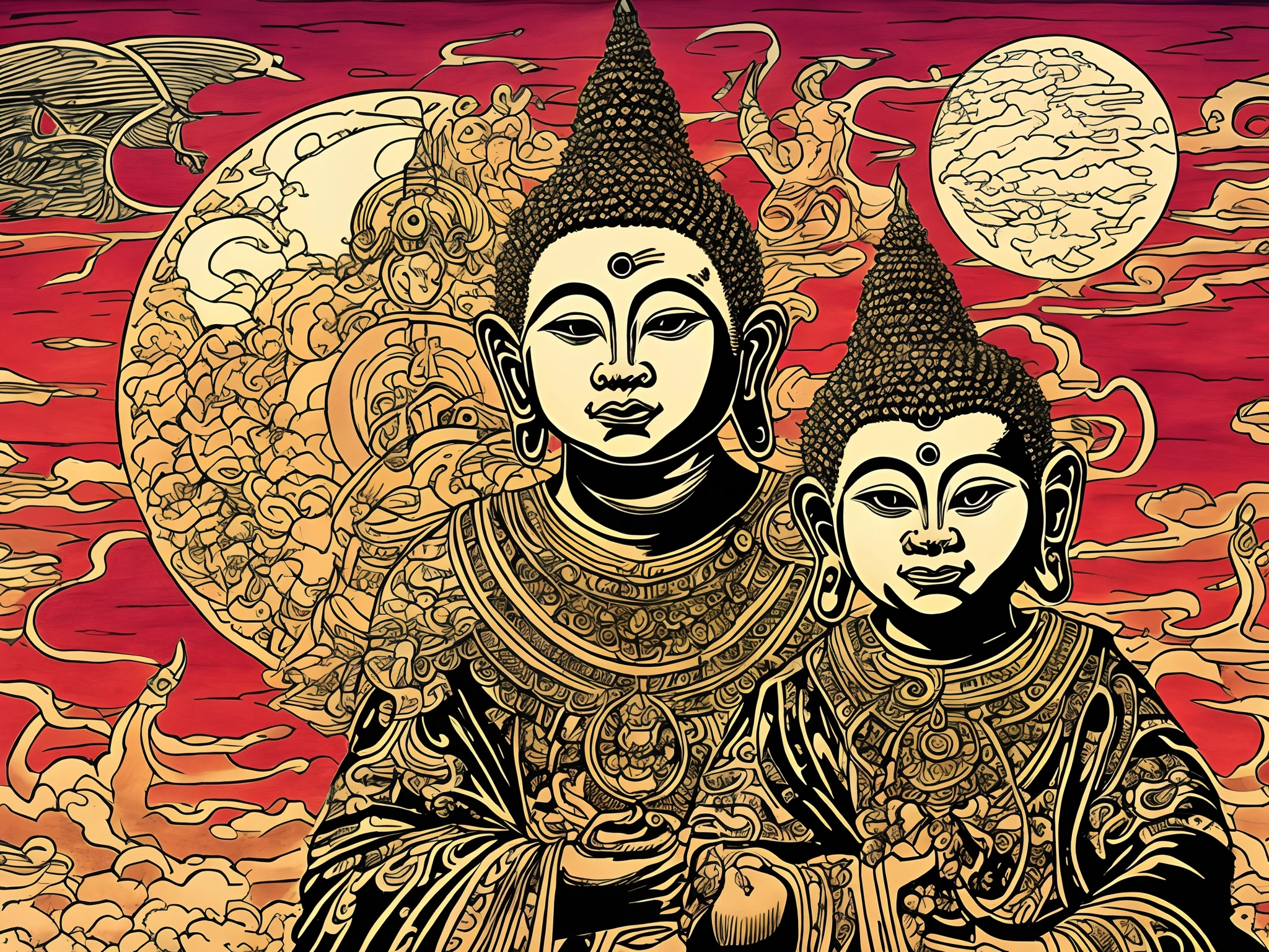 A detailed ink drawing with flat colors in the style of Moebius, depicting a monkey god dressed like a lonian god. He wears gold jewels and is posed like buddha. 
In the background there are gold and red clouds and a rising moon.