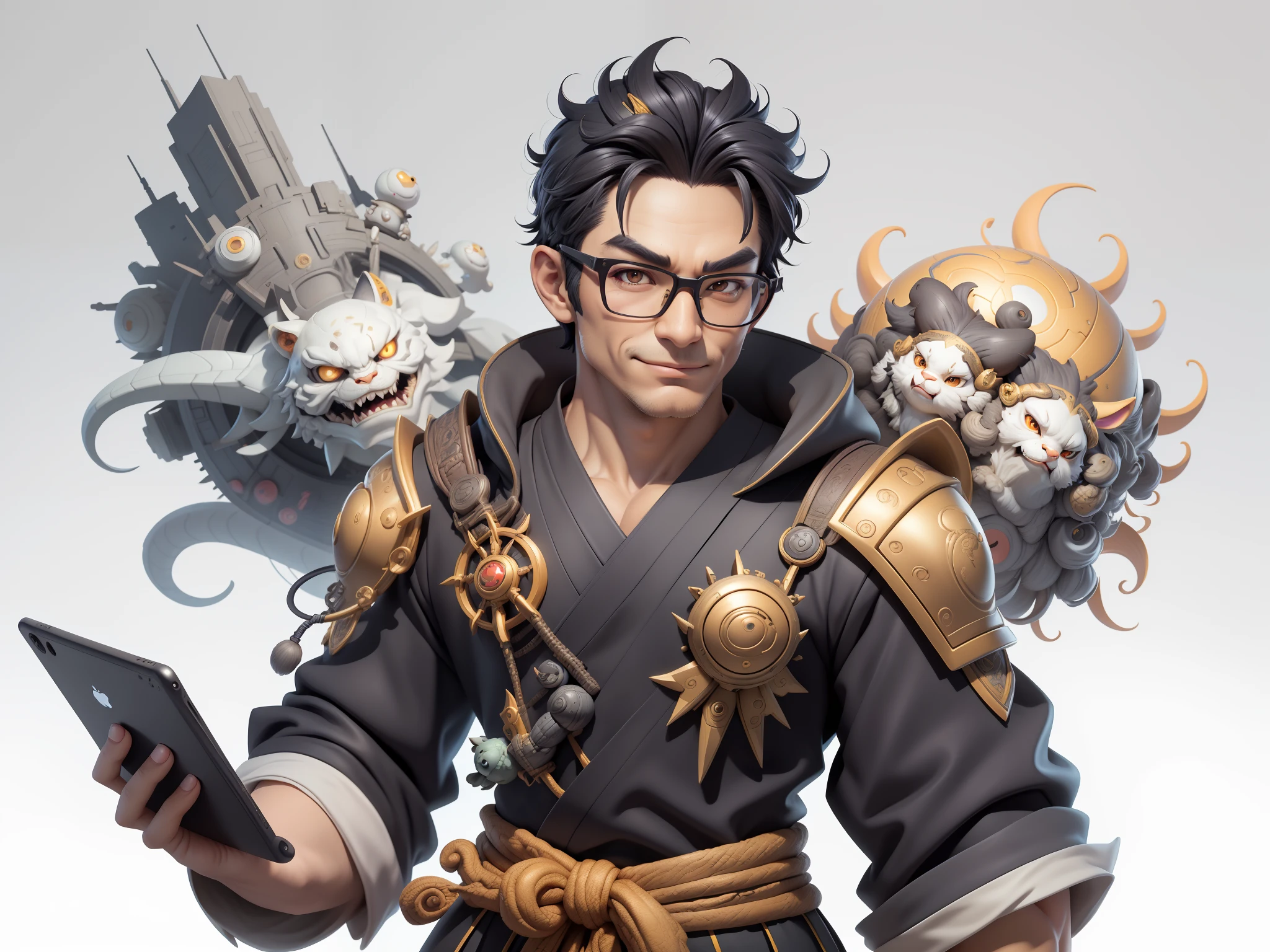 (Masterpiece), (Excellent), (Super Meticulous), (Full Body: 1.2), Super Young Man with Japanese Female Geisha, Pretty, Beautiful, Chinese Dragon, Tiger, Wind God Thor, Sexy, Bursting, Oriental Face, TV Anchor, Bust Portrait Illustration, Black Suit, Blue Tie, Slightly Chubby Face, Silver Glasses, Very Clean Face, No Beard on Chin, Black Super Short Hair, Black Eyes, Confident Smile, 3c Computer Sub-Products, iPad, iPhone, Digital Painting, 3D character design by Mark Clairedon and Pixar and Hayao Miyazaki and Akira Toriyama, the illustrations are HD illustrations in 4K resolution with highly detailed facial features and cartoon-style visuals.