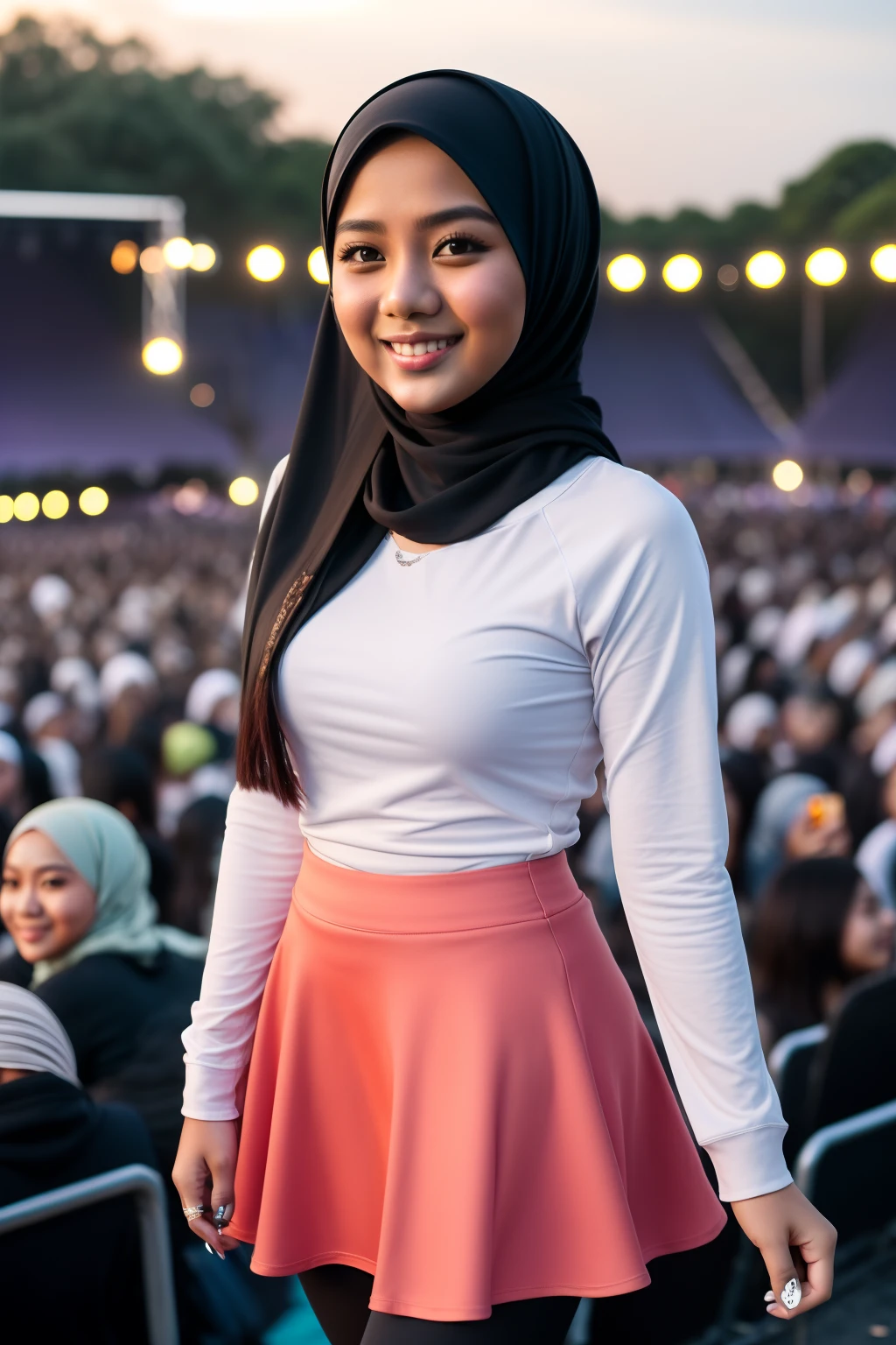 Portrait photography of a beautiful young malay girl ( mira filzah:1.0) in hijab wearing tight long sleeve tshirt and short skirt with leggings watching a concert, nighttime, concert background, bright lighting, smile and happy gesture