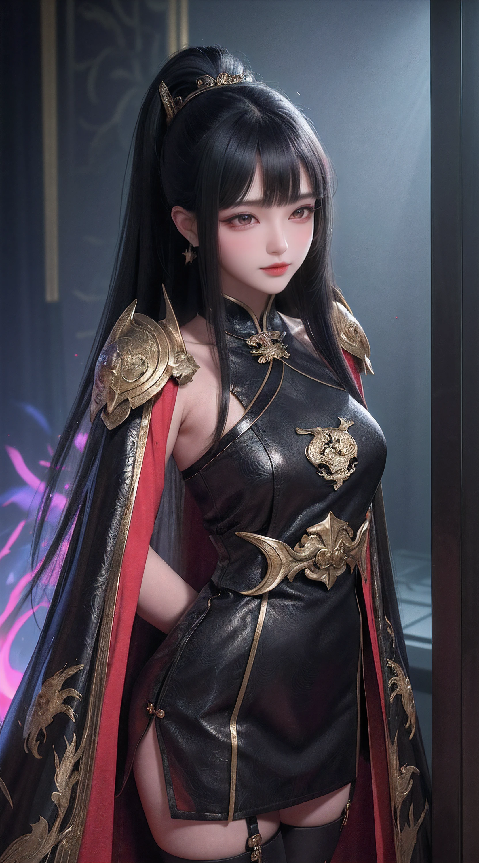 China,Dark Big Oriental eyes,Black long hair gathered in a Chinese ponytail,leather cloak, with metal shoulder pads,scatters star rays,fantasy ,Blend of black gold,colorful Pattern, Dragon Pattern Road, prince, palace,Lightning effect,arms behind back,hands behind back, black lence stockings,Strangle,