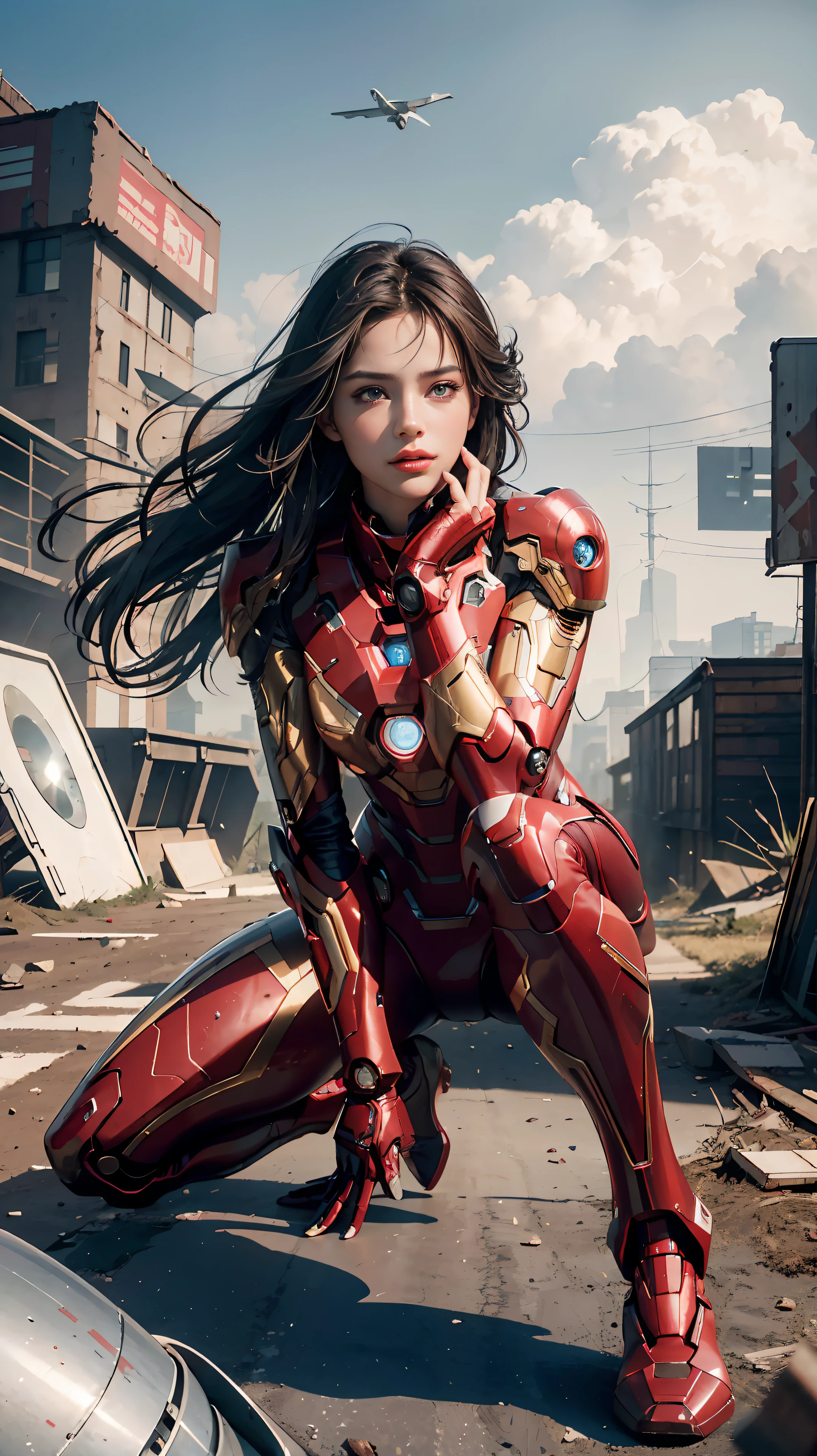 RAW, Masterpiece, Ultra Fine Photo,, Best Quality, Ultra High Resolution, Photorealistic, Sunlight, Full Body Portrait, Stunningly Beautiful,, Dynamic Poses, Delicate Face, Vibrant Eyes, (Side View) , she is wearing a futuristic Iron Man mech, red and gold color scheme, highly detailed abandoned warehouse background, detailed face, detailed and complex busy background, messy, gorgeous, milky white, high detailed skin, realistic skin details, visible pores , sharp focus, volumetric fog, 8k uhd, dslr camera, high quality, film grain, fair skin, photorealism, lomography, sprawling metropolis in futuristic dystopia, view from below, translucent
