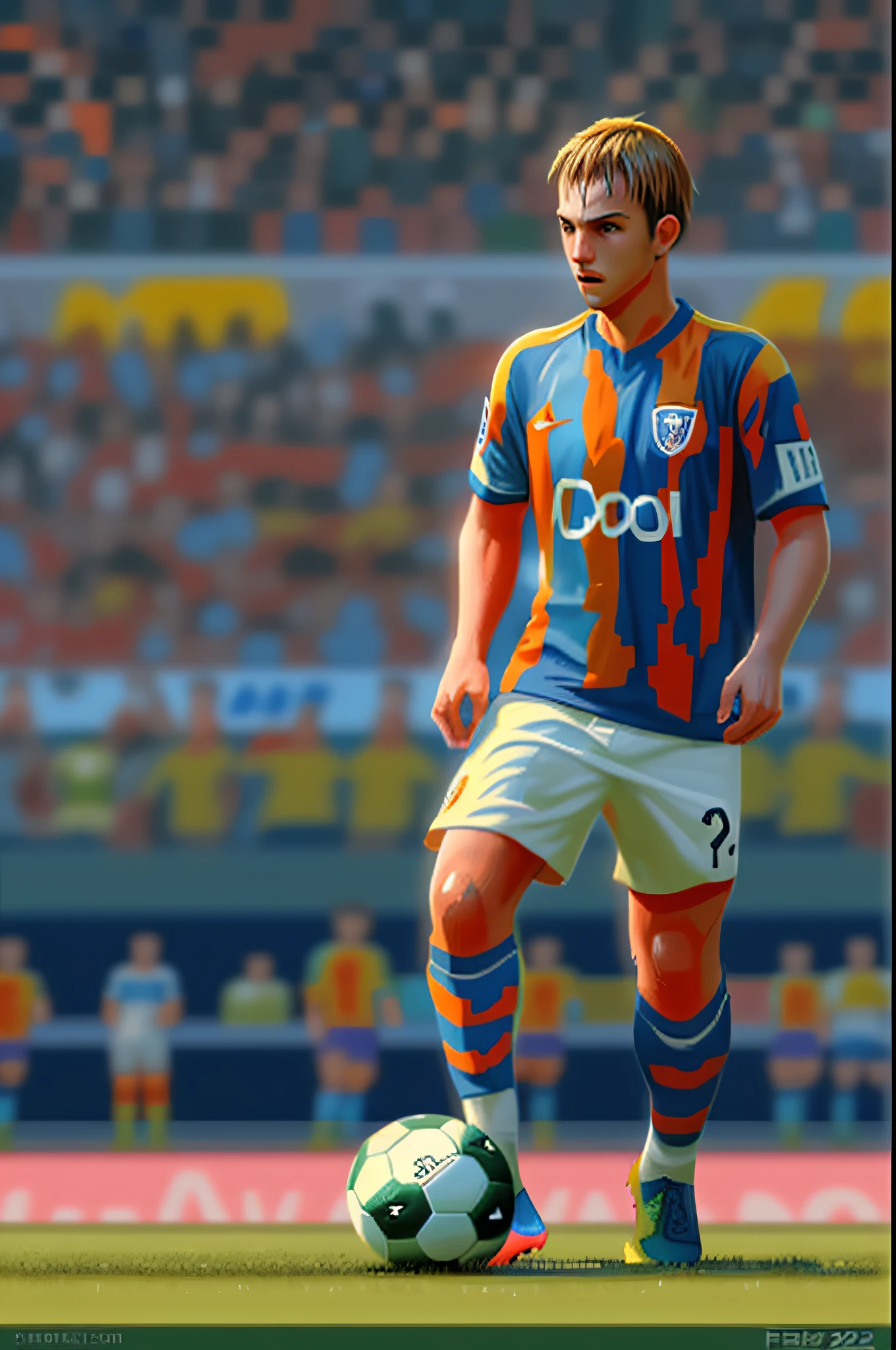 pixel art picture of FIFA 2022 game, soccer player on the field, pixel art, ultra best realistic pictures , best details, best quality, 16k, [ultra detailed], masterpiece, best quality, (extremely detailed), ultra wide shot, photorealism, depth of field, hyper realistic painting