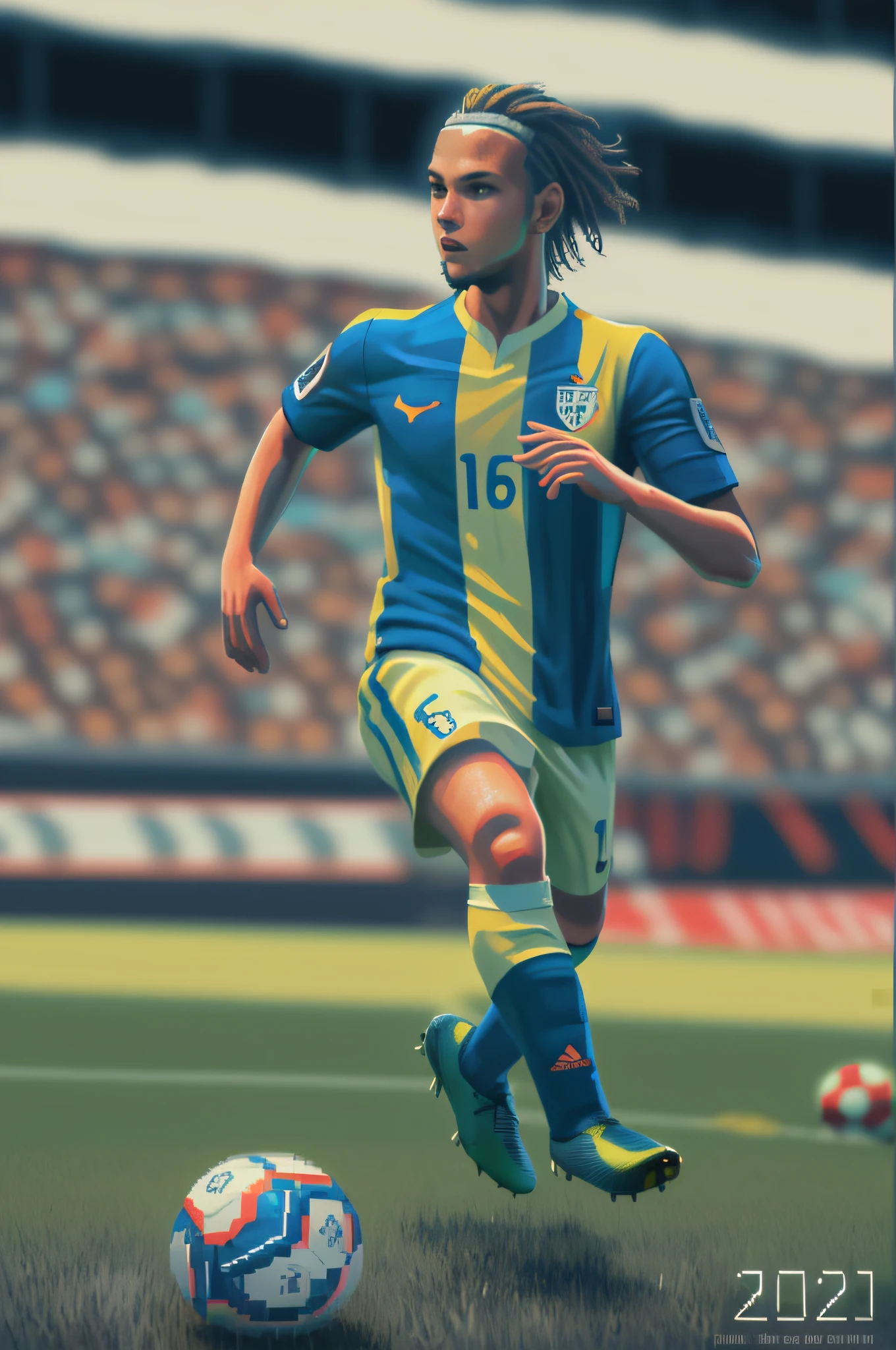 pixel art picture of FIFA 2022 game, soccer player on the field, pixel art, ultra best realistic pictures , best details, best quality, 16k, [ultra detailed], masterpiece, best quality, (extremely detailed), ultra wide shot, photorealism, depth of field, hyper realistic painting