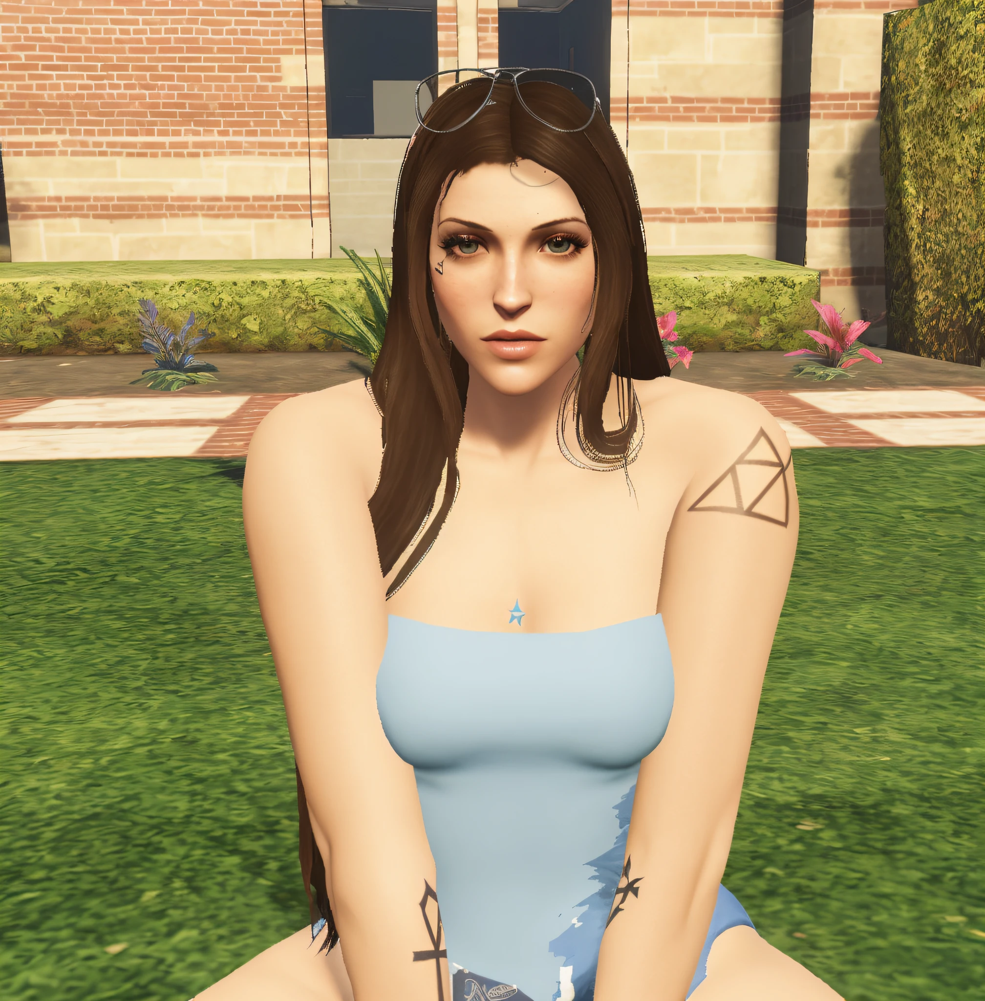 There's a woman sitting on a bench in a blue dress, avatar da parte superior do corpo, Avatar do Second Life, pele bronzeada, fotorrealista de corpo inteiro, Estudante realista, corpo superior realista bonito, Cattie - Brie de Mithril Hall, sem capuz | | sombreado realista, Detalhe pesado, como um personagem de gtav, corpo inteiro:: tempo ensolarado::