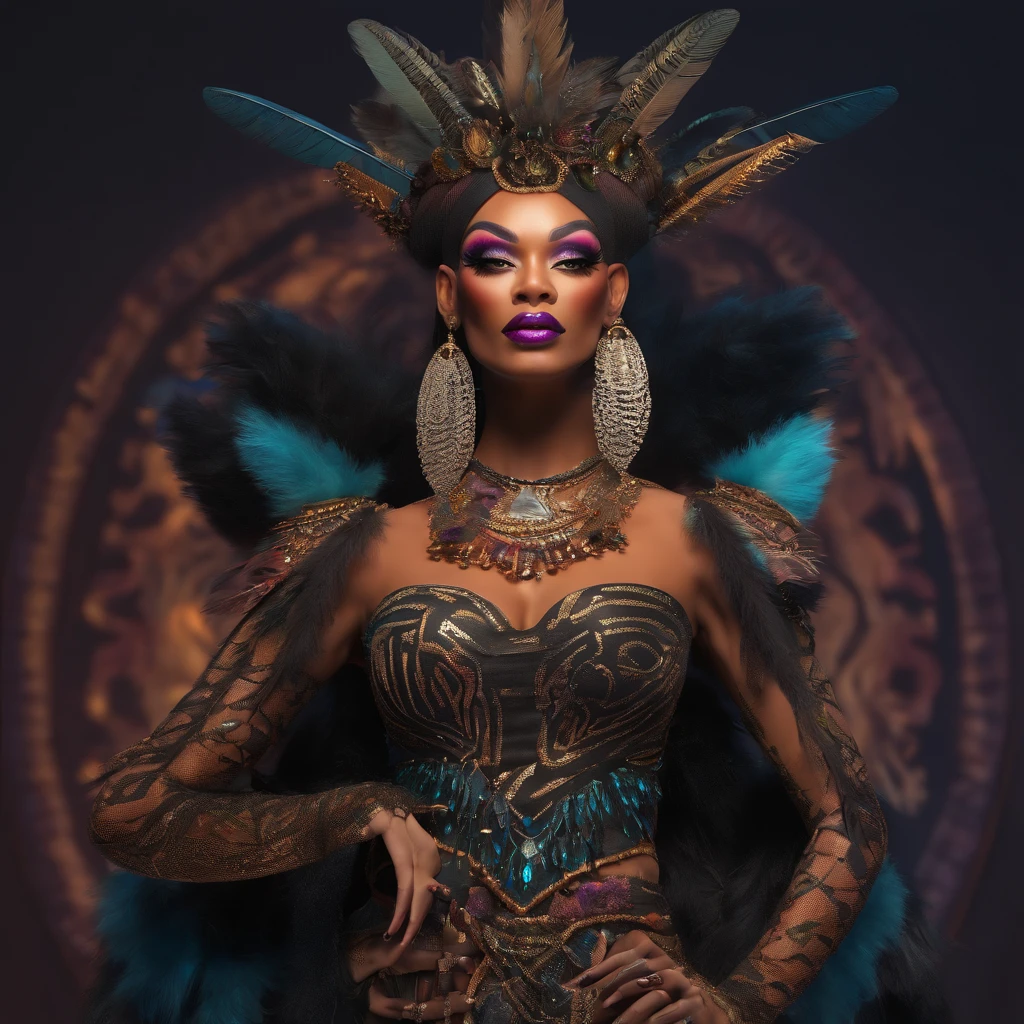 Drag queen named Voodoo Enchantress wearing a dark and mysterious outfit adorned with feathers, bones, and tribal jewelry.
Her makeup features intricate voodoo symbols.