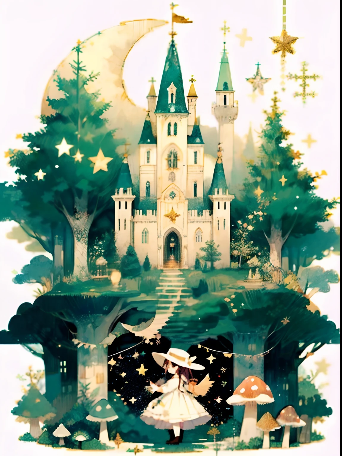 (((masterpiece))),best quality, whitetown, 1girl, dress, hat, star (symbol), tree, solo, mushroom, castle, moon, white dress, pixel art, pixai