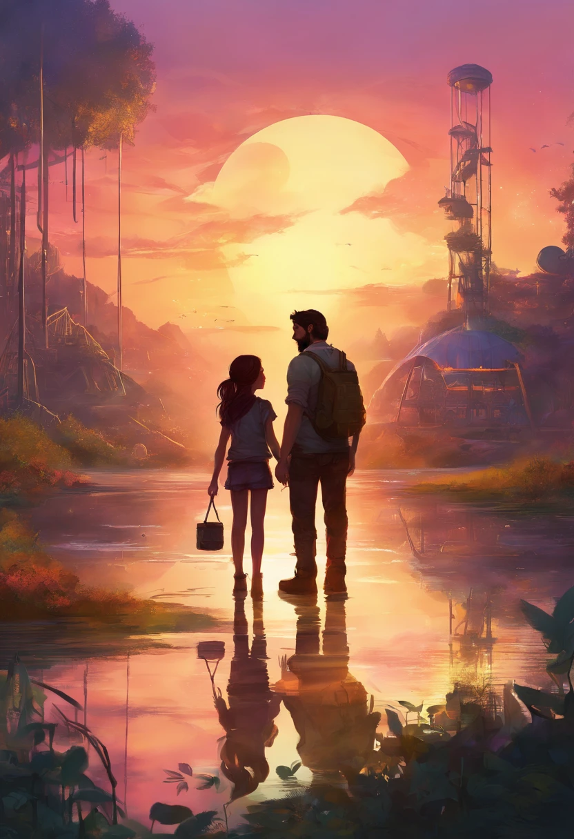 A man and a girl and a girl in an abandoned amusement park, sun sunset, You only see silhouettes of the man and the girl. The last of us, Joel e Ellie