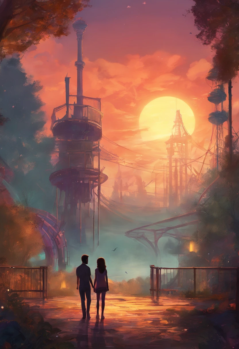 A man and a girl and a girl in an abandoned amusement park, sun sunset, You only see silhouettes of the man and the girl. The last of us, Joel e Ellie