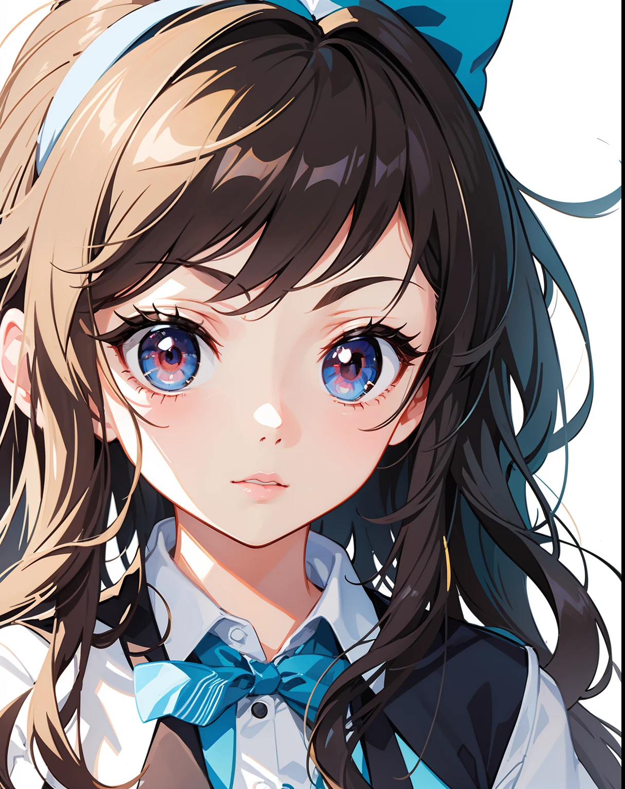 Drawing of a girl with long hair and bow tie, detailed anime face, detailed anime soft face, simple line art, variable lineart, close up of a young anime girl, cute anime face, extremely cute anime girl face, Anime shading,