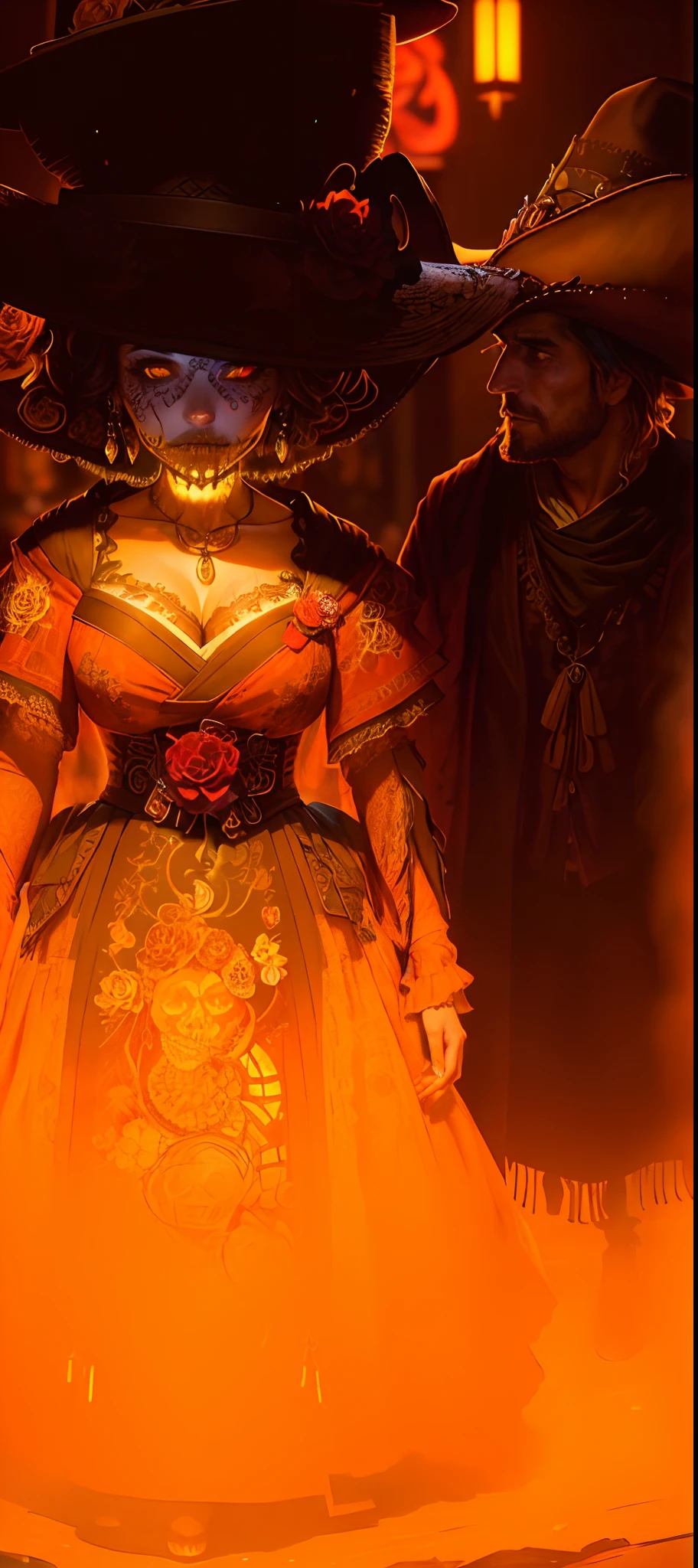 (delightful anatomy:1.1), (gloomy illumination, insane, stunning, dramatic, completed artwork, HQ:1.1), ( Dan mumford style:1.2), beautiful cinematic photograph of calavera catrina, cowboy hat, Rembrandt oil painting, feudal japan, precise lineart, cyberpunk, 8k resolution, minimalist, intricate, highly detailed, concept art, realistic, artstation Model: jim EIDOMODE