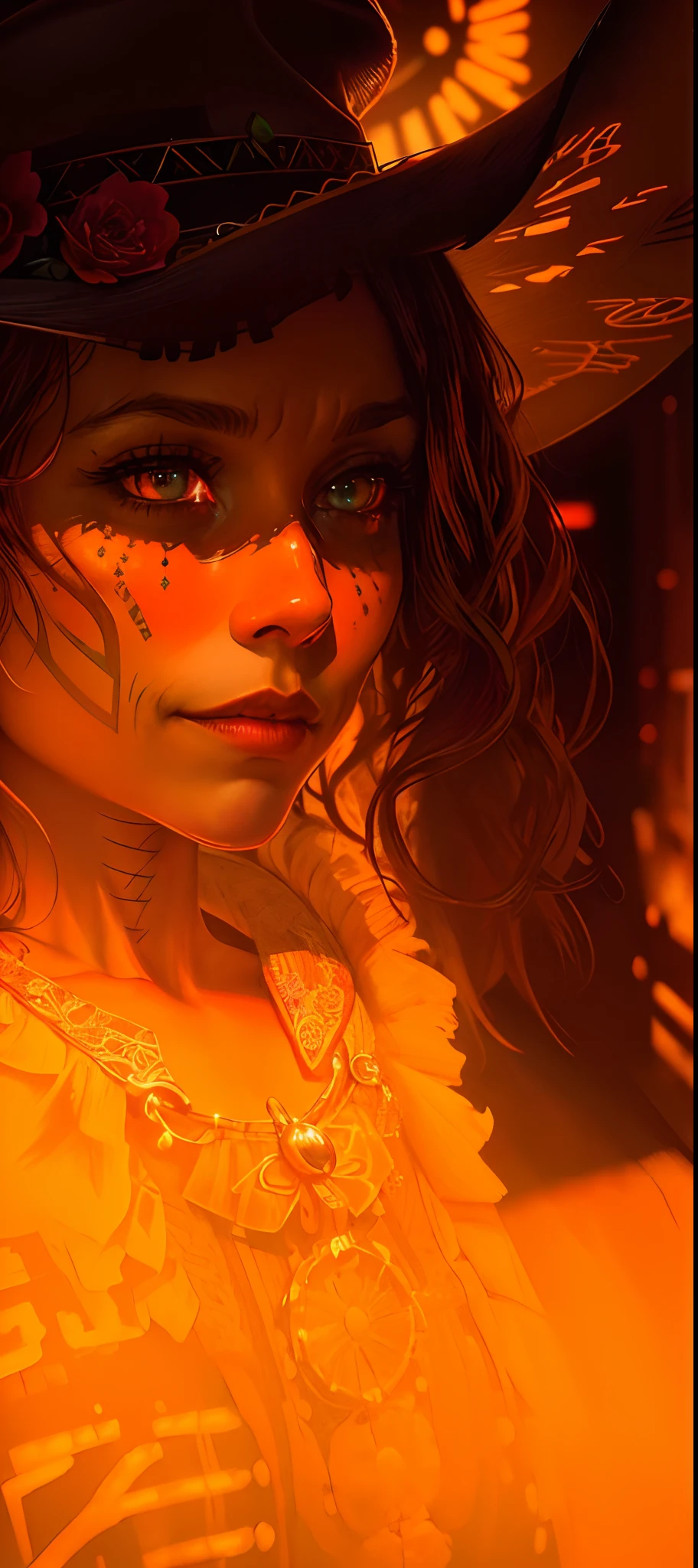 (delightful anatomy:1.1), (gloomy illumination, insane, stunning, dramatic, completed artwork, HQ:1.1), ( Dan mumford style:1.2), beautiful cinematic photograph of calavera catrina, cowboy hat, Rembrandt oil painting, feudal japan, precise lineart, cyberpunk, 8k resolution, minimalist, intricate, highly detailed, concept art, realistic, artstation Model: jim EIDOMODE