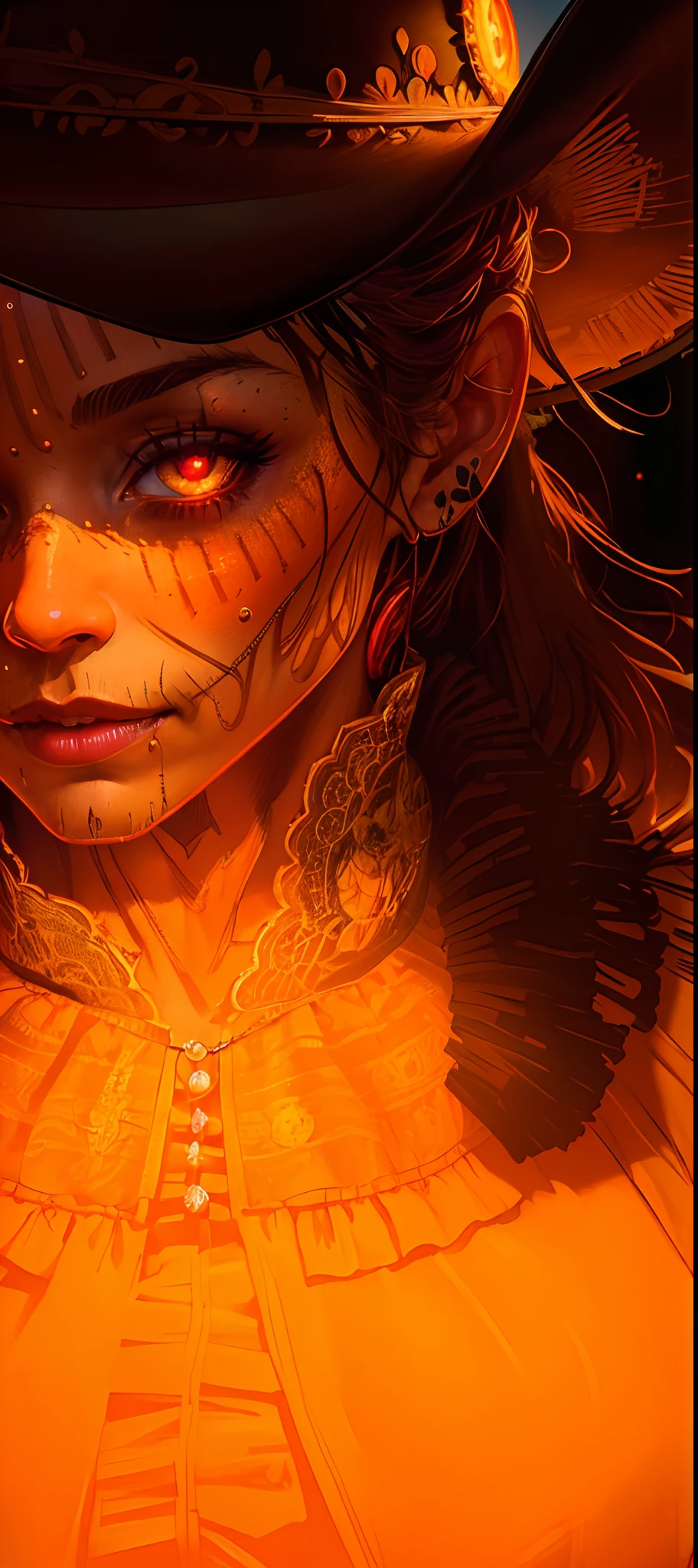 (delightful anatomy:1.1), (gloomy illumination, insane, stunning, dramatic, completed artwork, HQ:1.1), ( Dan mumford style:1.2), beautiful cinematic photograph of calavera catrina, cowboy hat, Rembrandt oil painting, feudal japan, precise lineart, cyberpunk, 8k resolution, minimalist, intricate, highly detailed, concept art, realistic, artstation Model: jim EIDOMODE
