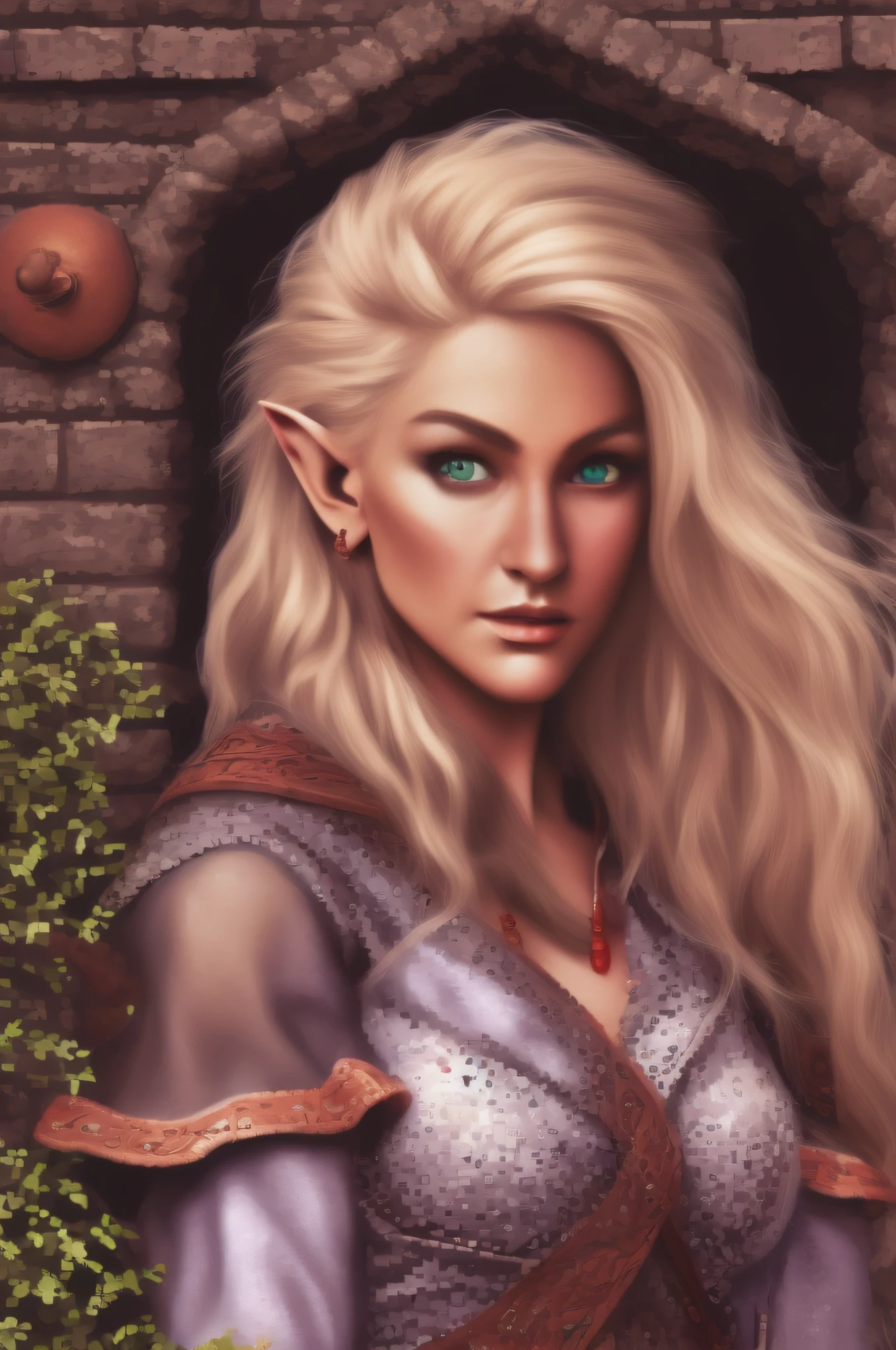 nqartst style pixel art picture of a scene from Baldurs Gate, a portrait of a female elf wizard, blond hair, green eyes, extremeley beautiful, ultra feminine,   dwarf cleric  ultra best realistic pictures , best details, best quality, 16k, [ultra detailed], masterpiece, best quality, (extremely detailed), ultra wide shot, photorealism, depth of field, hyper realistic painting