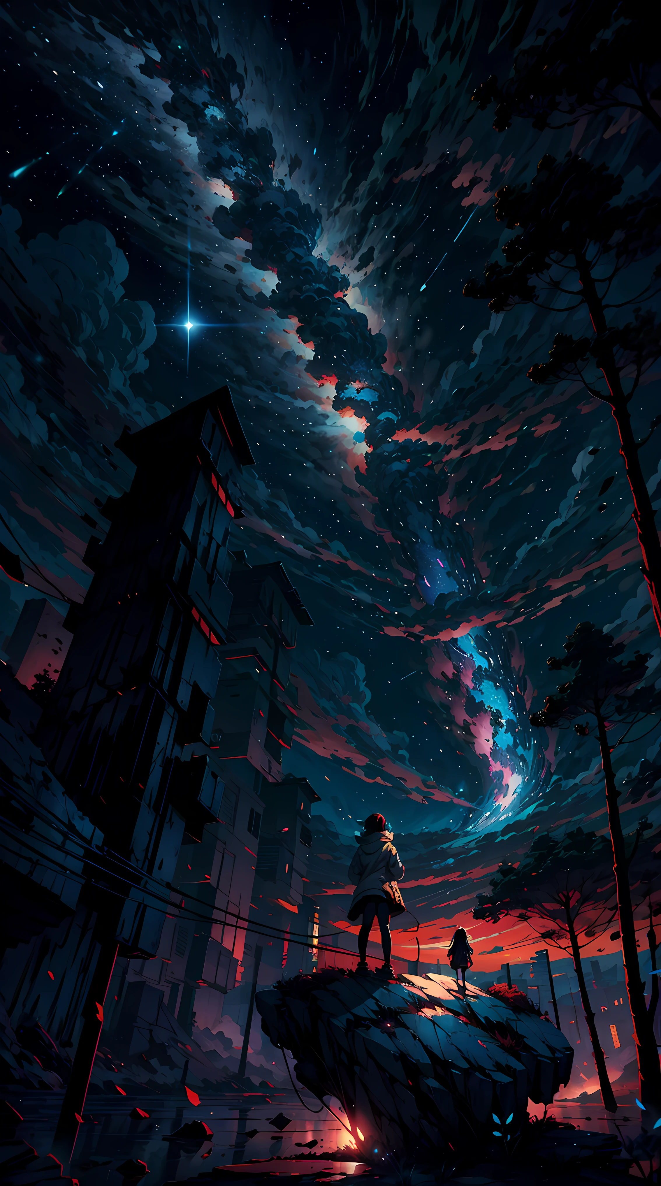Anime girl standing on a rock looking at a sky full of stars, Makoto Shinkai Cirilo Rolando, Anime Art Wallpaper 4K, Anime Art Wallpaper 4K, Anime Art Wallpaper 8K, cosmic skies. por makoto shinkai, inspirado em Cyril Rolando, No estilo Dan Mumford obra de arte, paper awesome wallpaper, por Yuumei