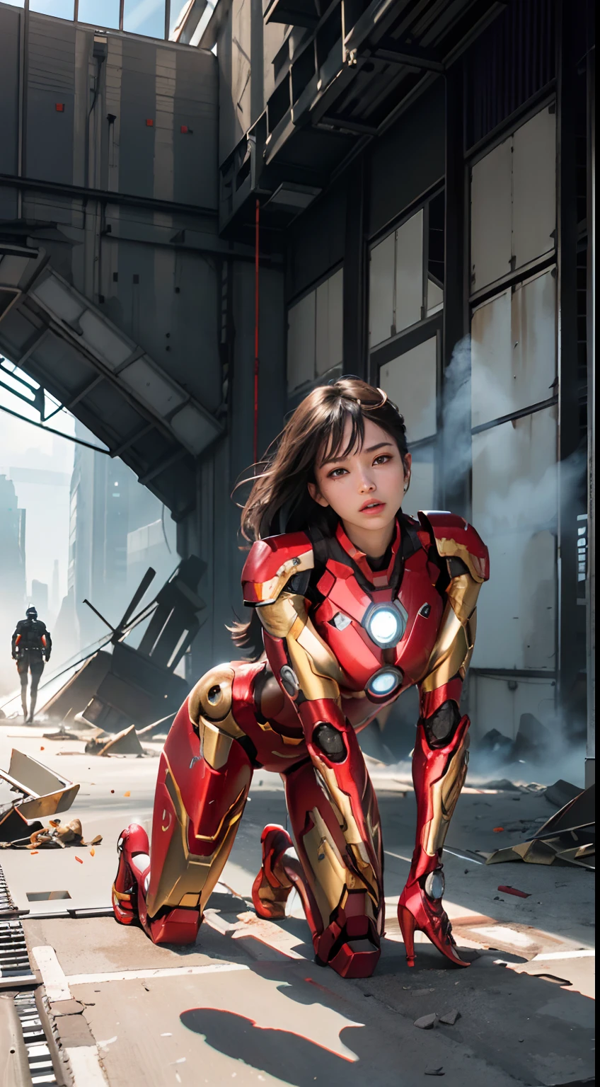 RAW, Masterpiece, Ultra Fine Photo,, Best Quality, Ultra High Resolution, Photorealistic, Sunlight, Full Body Portrait, Stunningly Beautiful,, Dynamic Poses, Delicate Face, Vibrant Eyes, (Side View) , she is wearing a futuristic Iron Man mech, red and gold color scheme, highly detailed abandoned warehouse background, detailed face, detailed and complex busy background, messy, gorgeous, milky white, high detailed skin, realistic skin details, visible pores , sharp focus, volumetric fog, 8k uhd, dslr camera, high quality, film grain, fair skin, photorealism, lomography, sprawling metropolis in futuristic dystopia, view from below, translucent lewd, sex nfsw