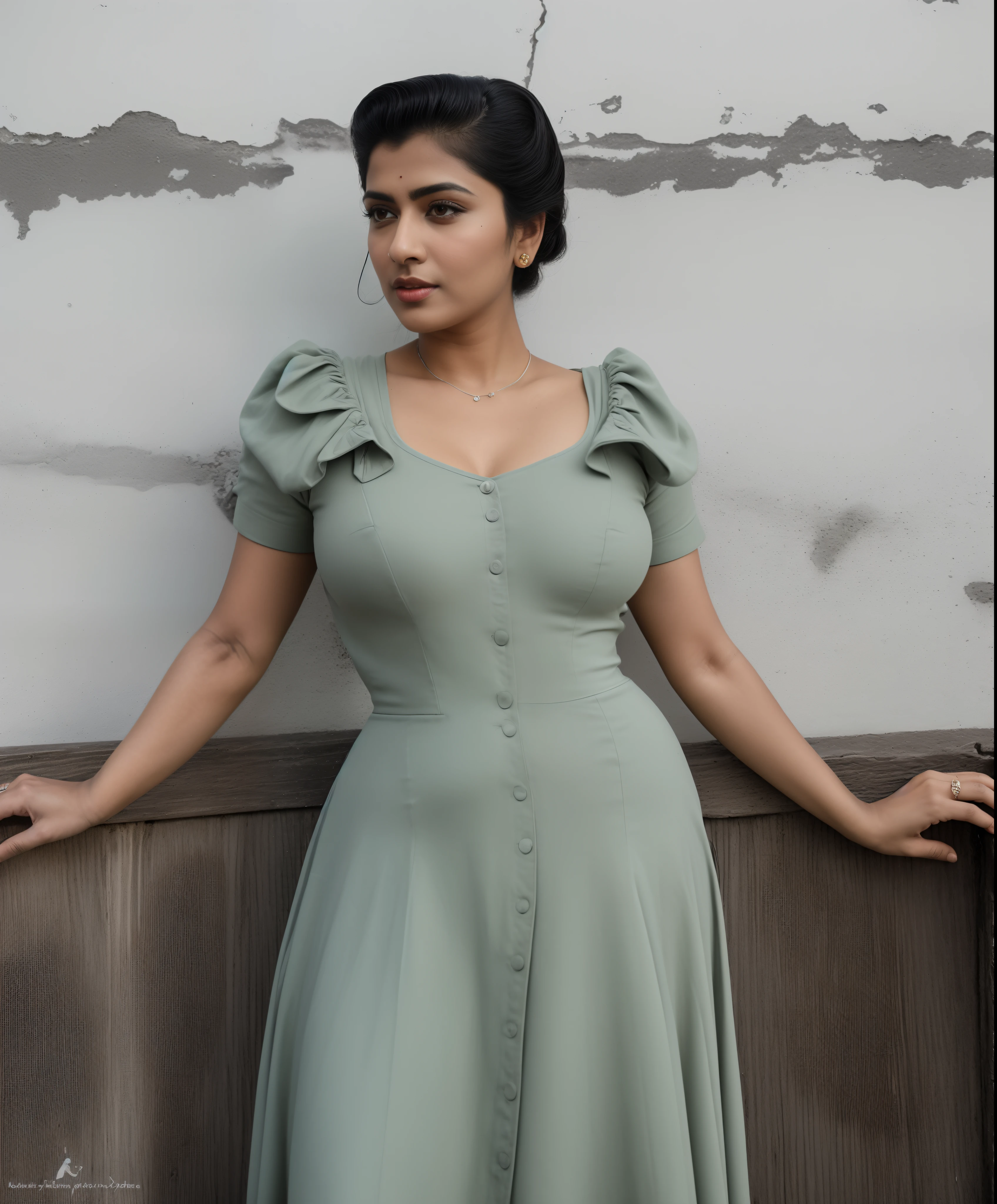 full body portrait of indian female model yukti kapoor (styled in a 1940's, Sailor Dress, highly detailed:1.3), (highly detailed face:1.8), (1940's Pompadour Hairstyle:1.3), (slim body, small breasts, small hips:1.5), (leaning back on the wall:1.5), (background inside a dark, old, 1940's big-band bar:1.4), (soft studio lighting, volumetric shadows), JCH Street Pan, ISO 100