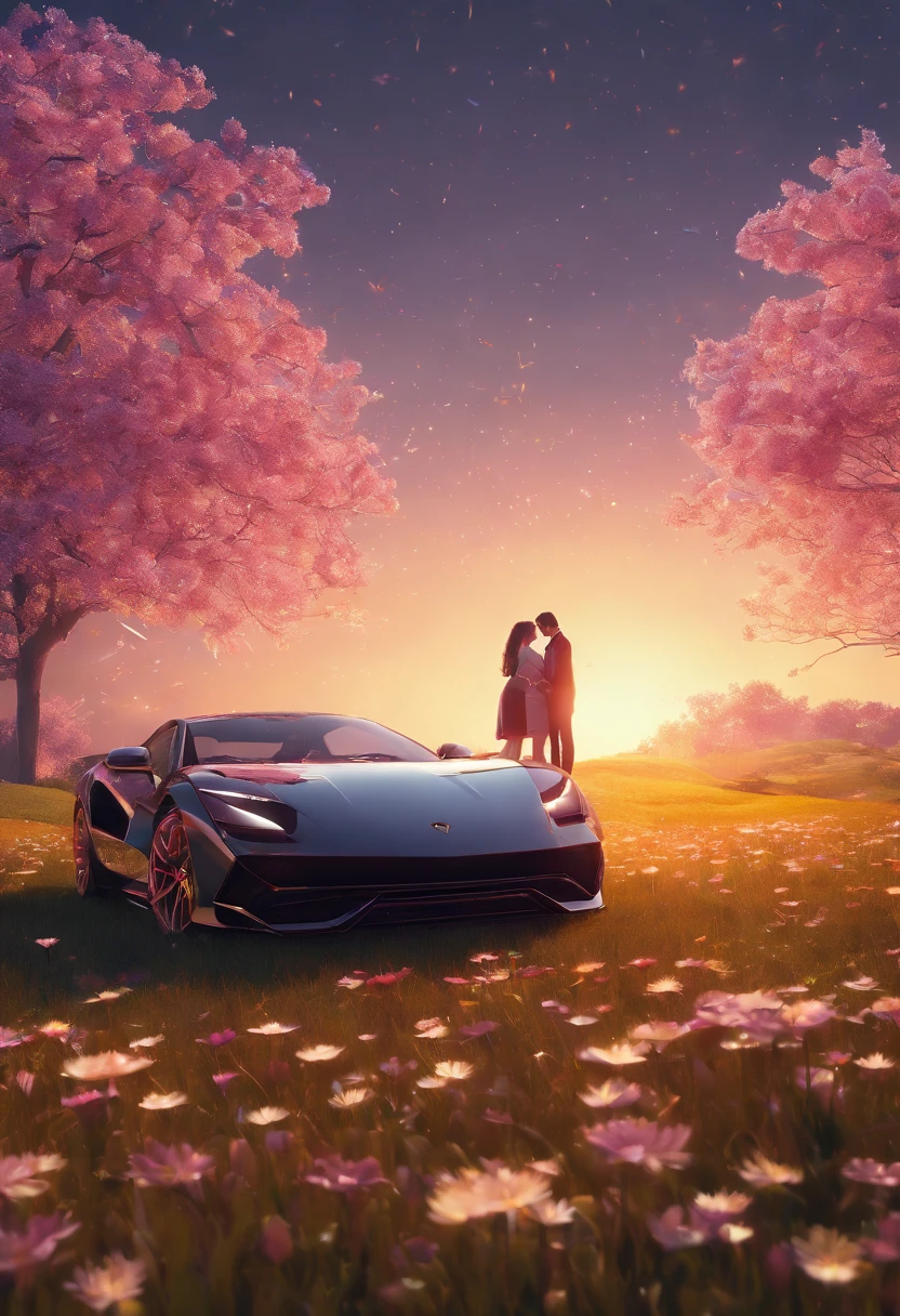 A boy and a girl locked in a passionate embrace beneath the pale moonlight's gentle glow. The meadow they stand in is adorned with luminous flowers particles flying, and in the distance, a sleek black Lamborghini adds a touch of modernity to the scene. Capture the romantic atmosphere in a softly focused but highly focused face, dreamy photographic style using a vintage lens, f/1.8 aperture, and full-frame camera, --ar 9:16 --v 5