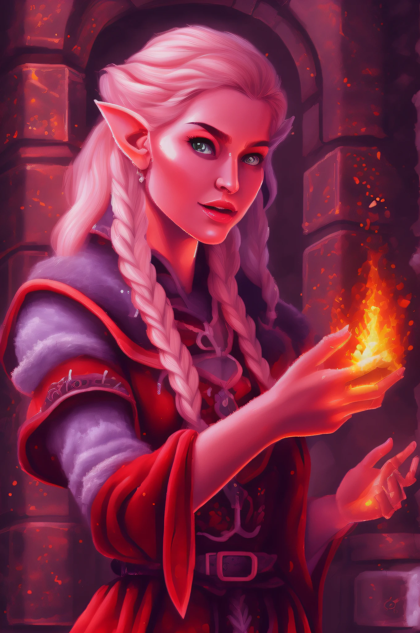 nqartst style pixel art picture of a scene from Baldurs Gate, a portrait of a female elf wizard casting a spell , blond hair, green eyes, red fire coming from hand,  extremelley beautiful, ultra feminine,   dwarf cleric  ultra best realistic pictures , best details, best quality, 16k, [ultra detailed], masterpiece, best quality, (extremely detailed), ultra wide shot, photorealism, depth of field, hyper realistic painting