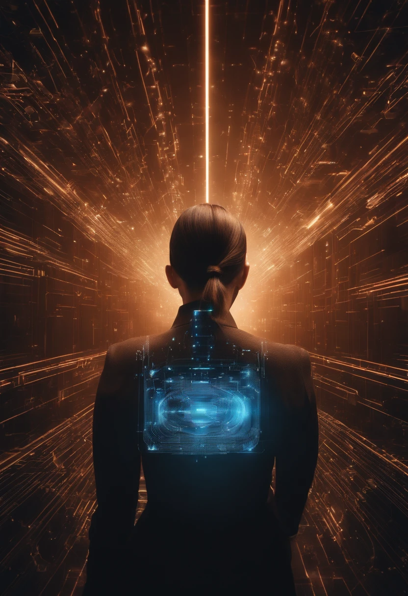 An image of a futuristic digital backdrop, with strands of code flowing in the background. In the center of the image, it features a visual representation of a highly sophisticated AI, with detailed circuitry and pulsating light effects. Surrounding her are illustrations of Facebook social media posts being automatically created and circulated. Smooth transition effects connect AI with ad creation. The image conveys a sense of advanced technology and efficiency.