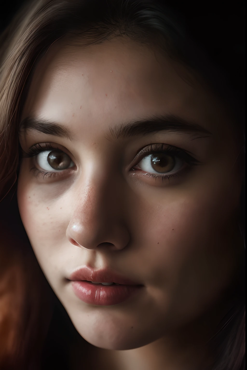 (close-up, editorial photograph of a 21 year old woman), (highly detailed face:1.4) (smile:0.7) (background inside dark, moody, private study:1.3) POV, by lee jeffries, nikon d850, film stock photograph ,4 kodak portra 400 ,camera f1.6 lens ,rich colors ,hyper realistic ,lifelike texture, dramatic lighting , cinestill 800,