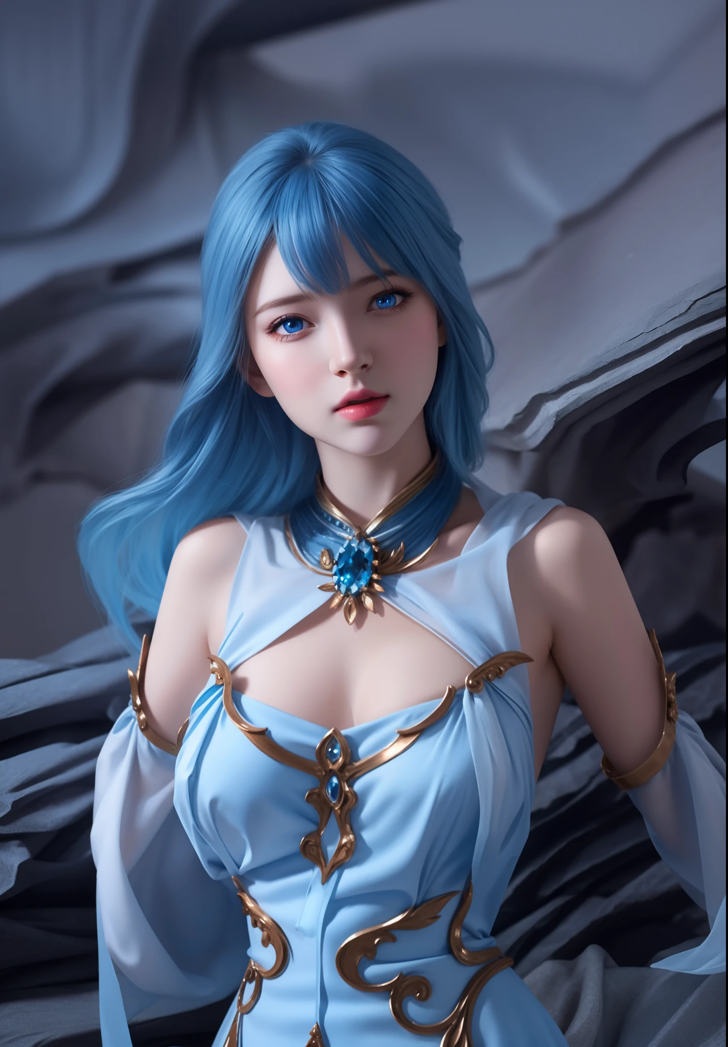 (hyperrealistic), (illustration), (high resolution), (8K), (extremely detailed), (best illustration), (beautiful detailed eyes), (best quality), (ultra-detailed), (masterpiece), (wallpaper), (photorealistic), (natural light), (rim lighting), (detailed face), (high detailed realistic skin texture), (anatomically correct), (solo), (1 girl), (high detailed realistic hair), (bluesky hair:1.2), (heterochromic eyes), (detailed blue eyes), (sparkling eyes), (small moles under the eyes), (realistic big breasts:1.5), (exposed nipple breasts:1.35), (long legs), (slender abs), (dynamic pose), (closed tiny mouth:1.3), nsfw,