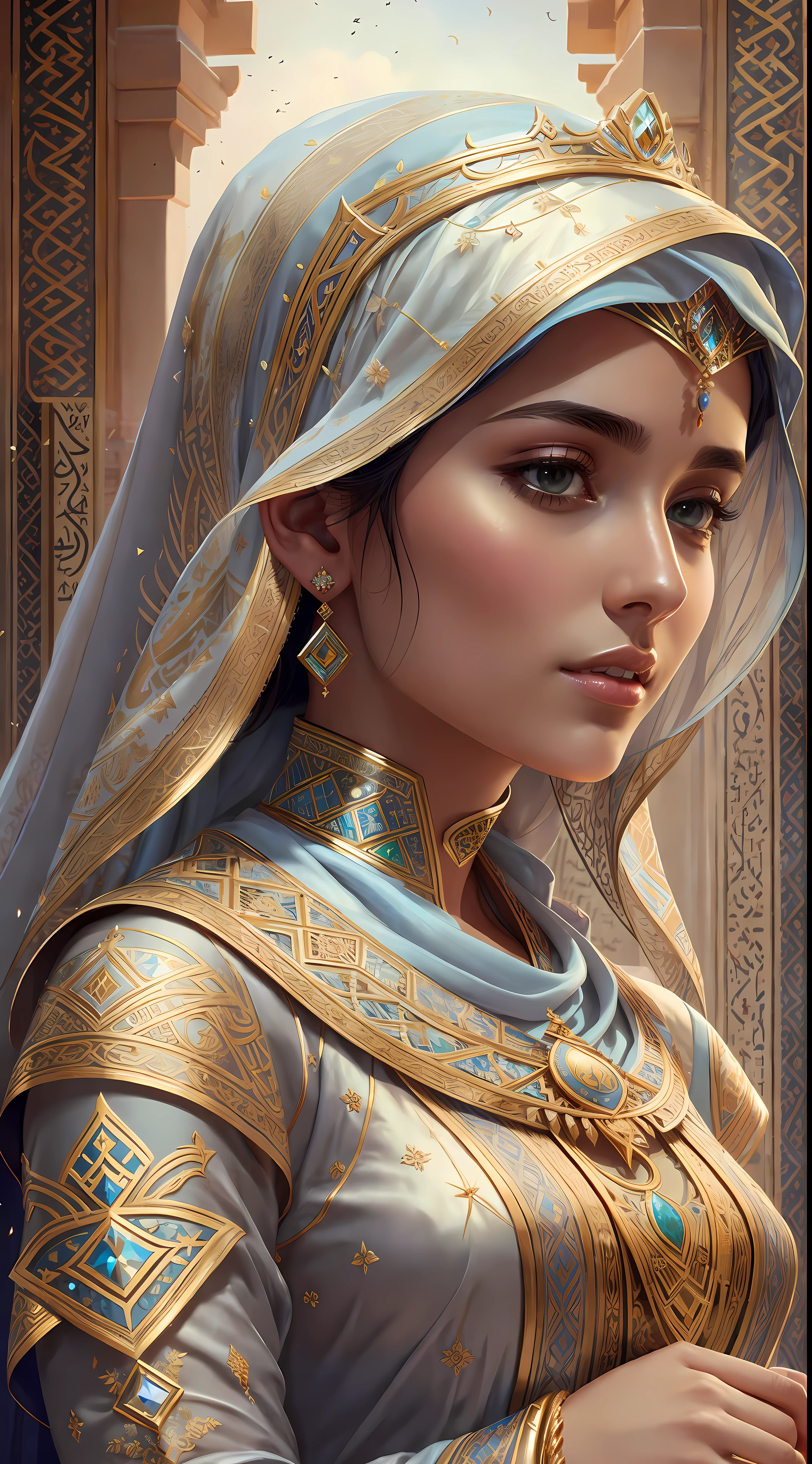 A woman in a headscarf with a veil and angel wings, master part! Retrato de Arwen, Directed by: Alexander Kucharsky, slav epic, pintura de personagem bonita, Graphic artist Magali Villeneuve, Artgerm Julie Bell Beeple, Moebius + Loish + WLOP, arte WLOP, Magali Villeneuve», pintura digital renascentista --auto