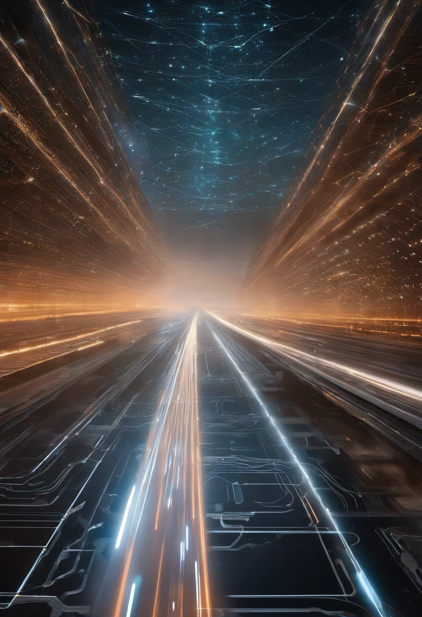 An image of a futuristic digital landscape, with code wires flowing in the background. no centro da imagem, presents a visual representation of a highly sophisticated AI robot, com circuitos detalhados e efeitos de luz pulsante. Around you are illustrations of posts on Facebook social networks being created and circulating automatically. Smooth transition effects connect AI with ad creation. The image conveys a sense of advanced technology and efficiency.
