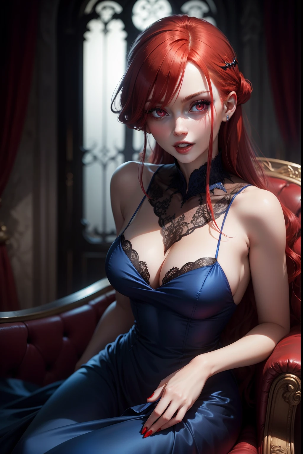 Red head in a blue evening dress, vampire teeth, with red eyes