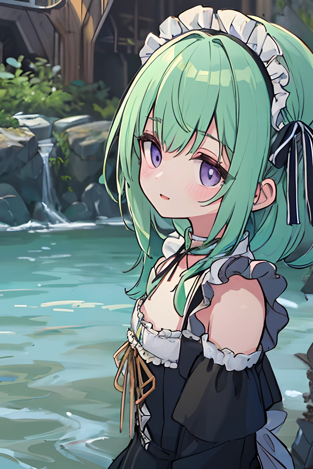 (Best quality:1.3),(Masterpiece:1.3),(illustration:1.3),(Ultra-detailed:1.3),(imid shot:0.9),, , , 1girll,Solo,Very young,Upper body,Short neck,Small breasts,, , From the side Side,From below,Close-up,, , , Purple eyes,Jewel-like eyes,Extremely detailed eyes,Extremely detailed face,(Seductive smile:0.8),(Open mouth:0.3),, , , Dirty streams, hazy water, Garbage floats, The stench of decay, Haunting melody, Scattered syringes, The mystery of pollution, Abandoned tranquility, The forgotten path, Cobblestone riverbed , double tails, maid,Green hair,