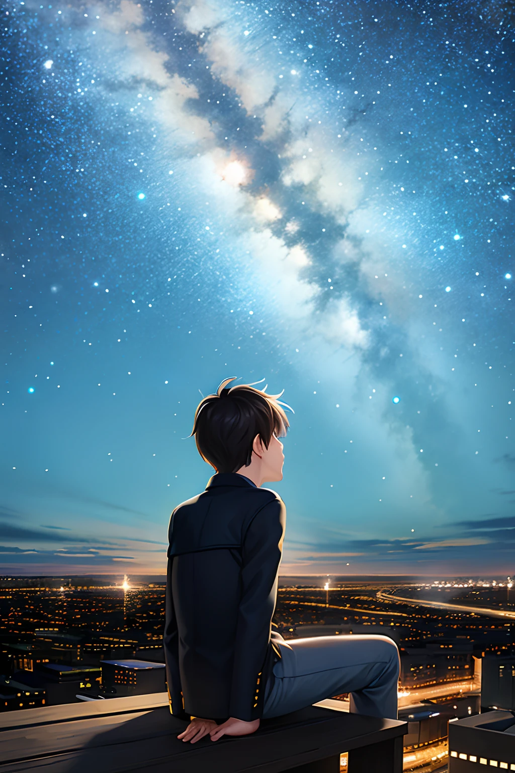 octans, sky, star (sky), scenery, starry sky, night, 1boy, night sky, solo, outdoors, signature, building, cloud, milky way, sitting, tree, city, silhouette, cityscape