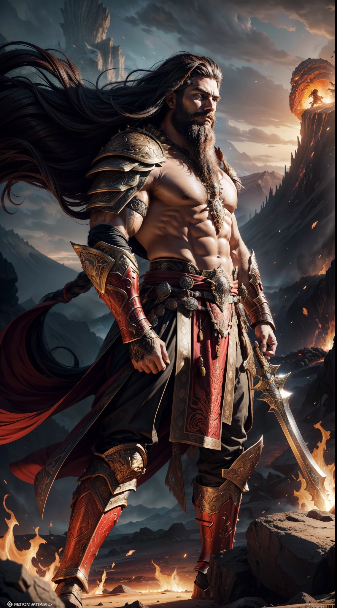 An artistic representation of a formidable warrior with flowing long hair and a commanding beard, dressed in an intricately designed suit of crimson-red armor that exudes power and authority. The warrior's long hair and beard billow in the fierce mountain winds, adding to his imposing presence. He grips his legendary red sword, a weapon of mythic proportions, with unwavering strength. The armor is adorned with ornate engravings and patterns, showcasing the artistry that went into its creation. The warrior stands amidst the harsh, volcanic landscape of lava mountains, with molten rivers of lava flowing nearby. The art style takes inspiration from the works of Boris Vallejo, blending elements of epic fantasy and realism. The camera angle is a dynamic high angle, capturing the warrior's dominance over the fiery terrain. The render style is a fusion of fantasy and hyper-realism, evoking a sense of epic grandeur and danger, (((masterpiece))), (high res),