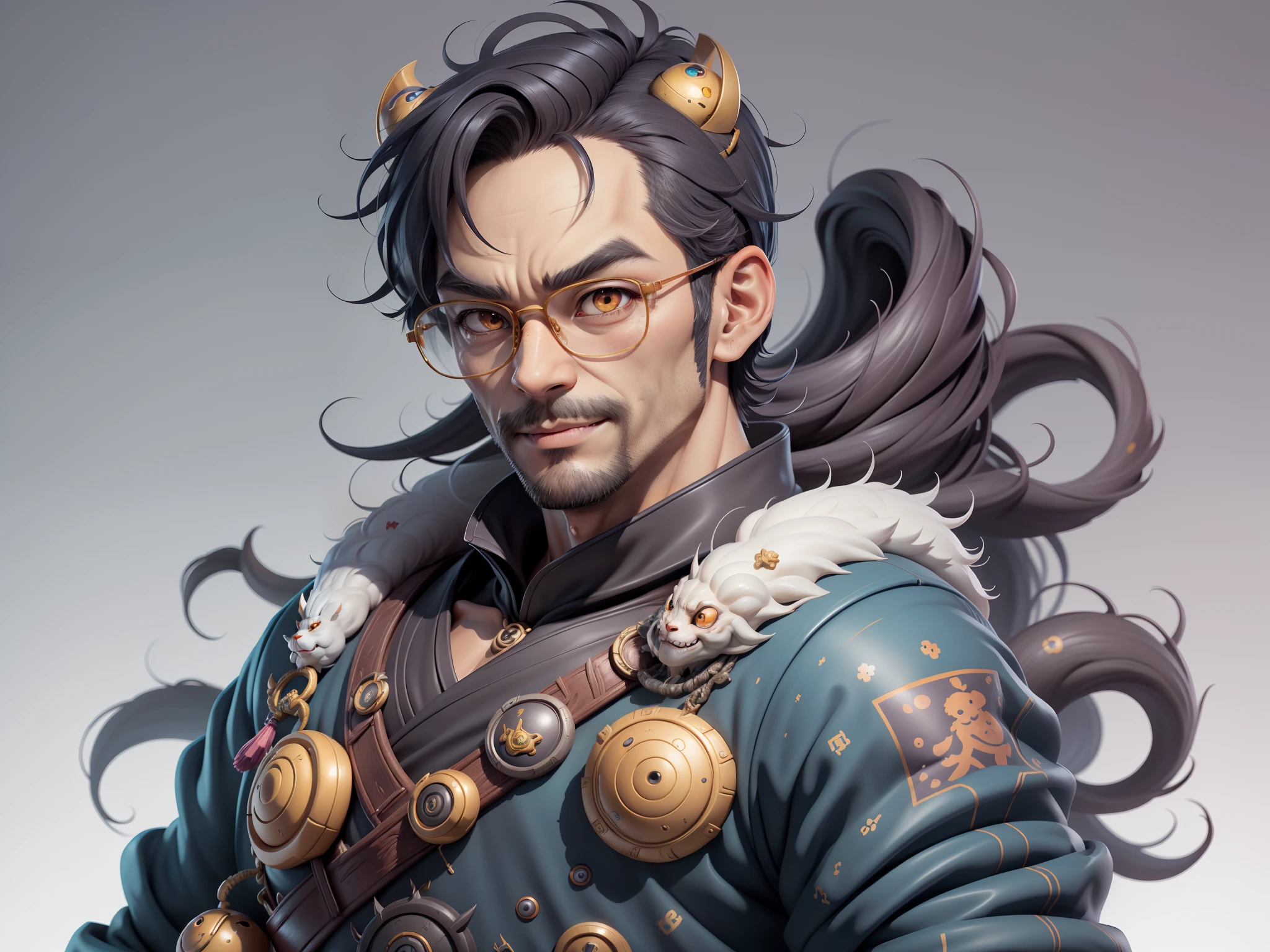 (Masterpiece), (Excellent), (Super Meticulous), (Full Body: 1.2), Super Young Man with Japanese Female Geisha, Pretty, Beautiful, Chinese Dragon, Tiger, Wind God Thor, Sexy, Bursting, Oriental Face, TV Anchor, Bust Portrait Illustration, Black Suit, Blue Tie, Slightly Chubby Face, Silver Glasses, Very Clean Face, No Beard on Chin, Black Super Short Hair, Black Eyes, Confident Smile, 3c Computer Sub-Products, iPad, iPhone, Digital Painting, 3D character design by Mark Clairedon and Pixar and Hayao Miyazaki and Akira Toriyama, the illustrations are HD illustrations in 4K resolution with highly detailed facial features and cartoon-style visuals.
